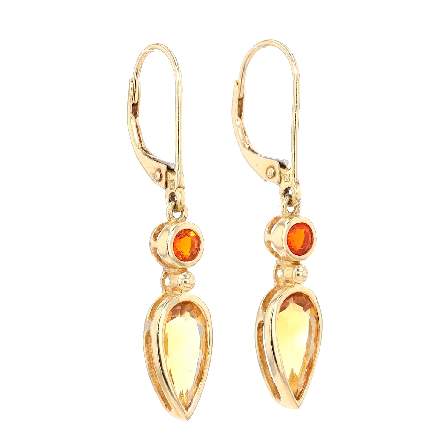 Earrings in 585 yellow gold, each with a fire opal and a citrine, hanging turned to the right