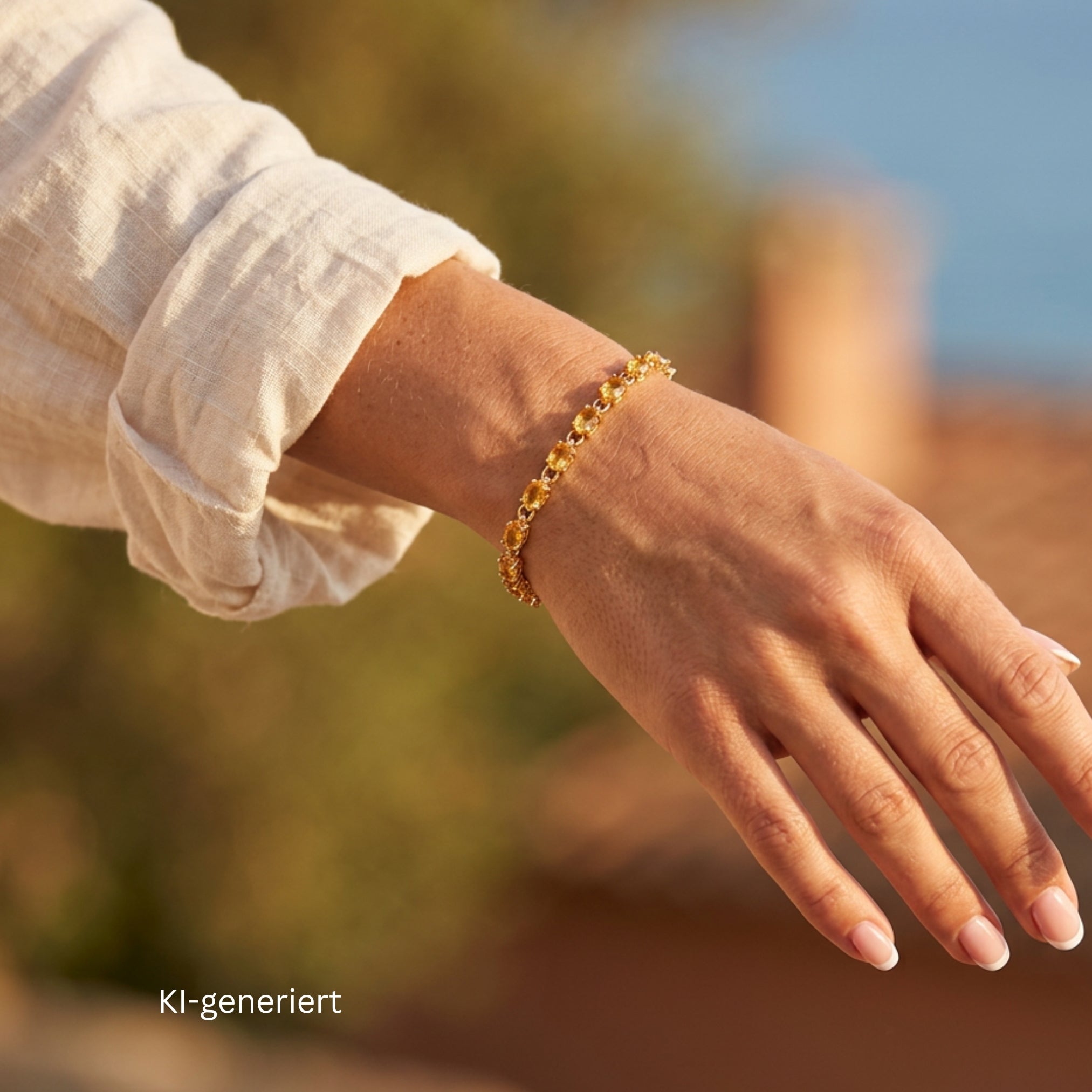 Armband in 925er Silber, vergoldet mit Heliodoren, am Handgelenk einer KI-generierten Frau