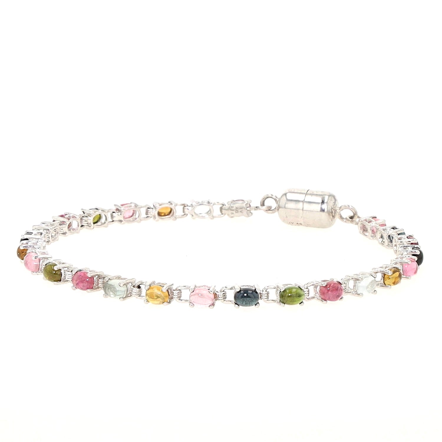 Armband in 925er Silber mit bunten Turmalinen und einem Magnetschloss, liegend geschlossen leicht rechts gedreht