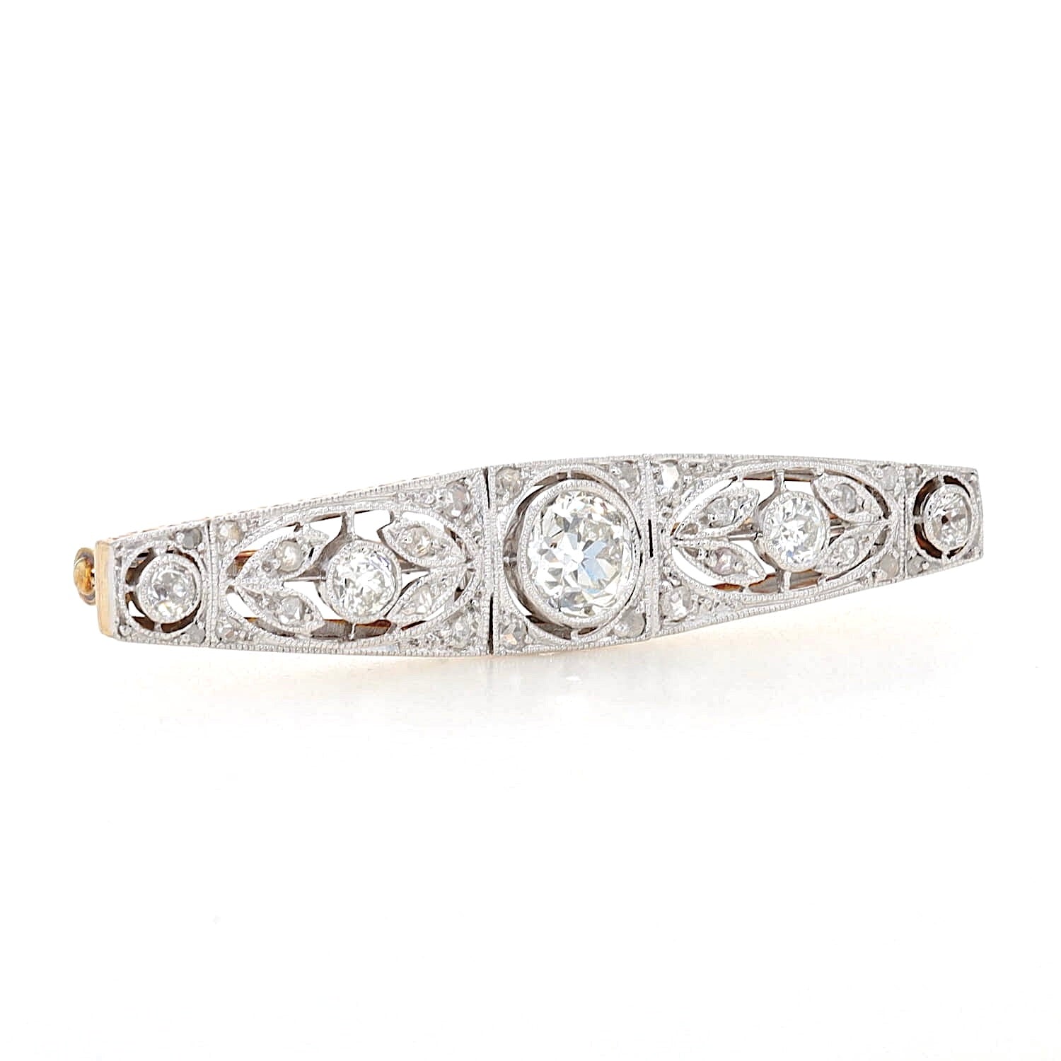 Fine Art Deco brooch in 585 yellow gold, platinum-plated with diamonds, turned lying right