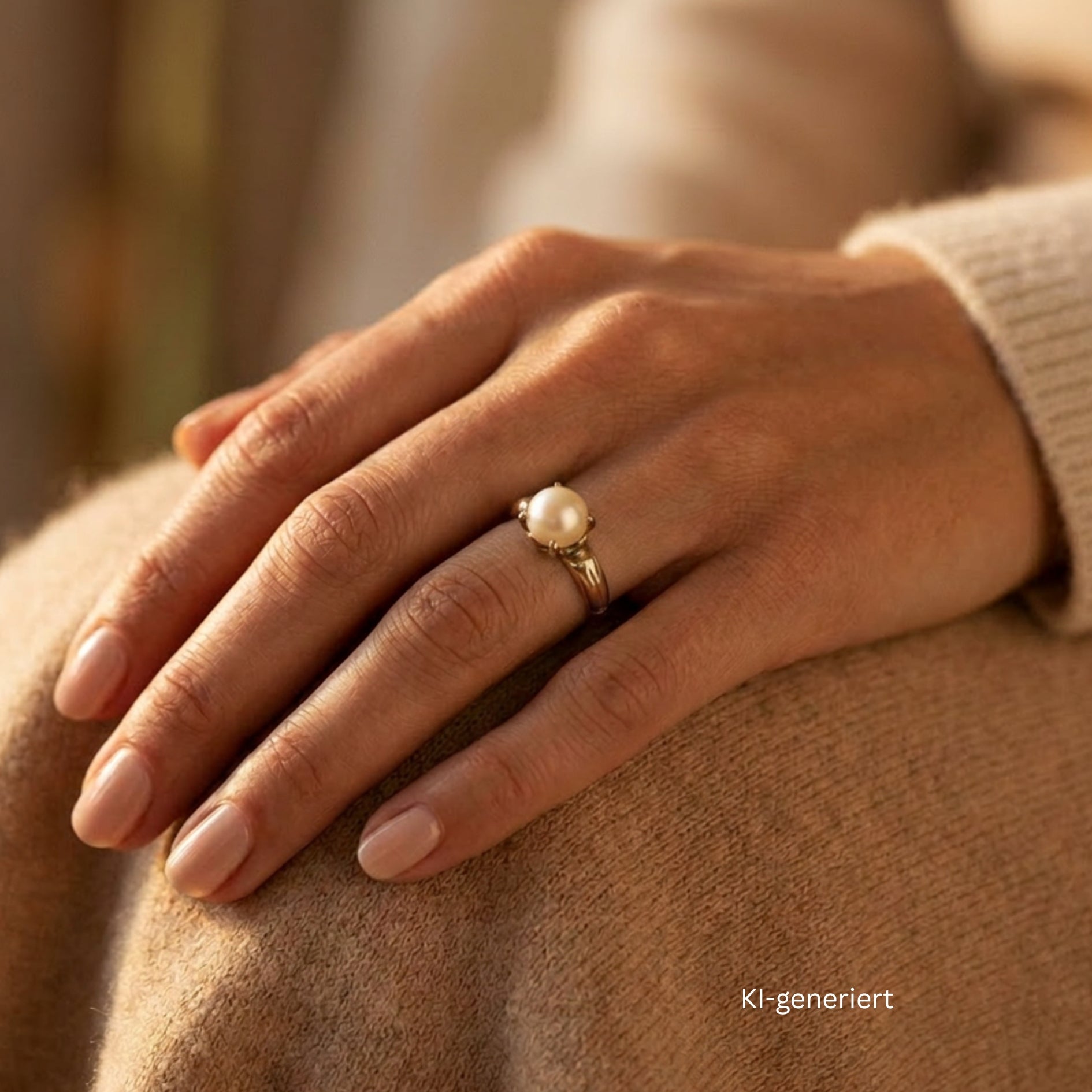Vintage Ring in 12 kt Gelbgold mit einer Zuchtperle, an der Hand einer KI-generierten Frau