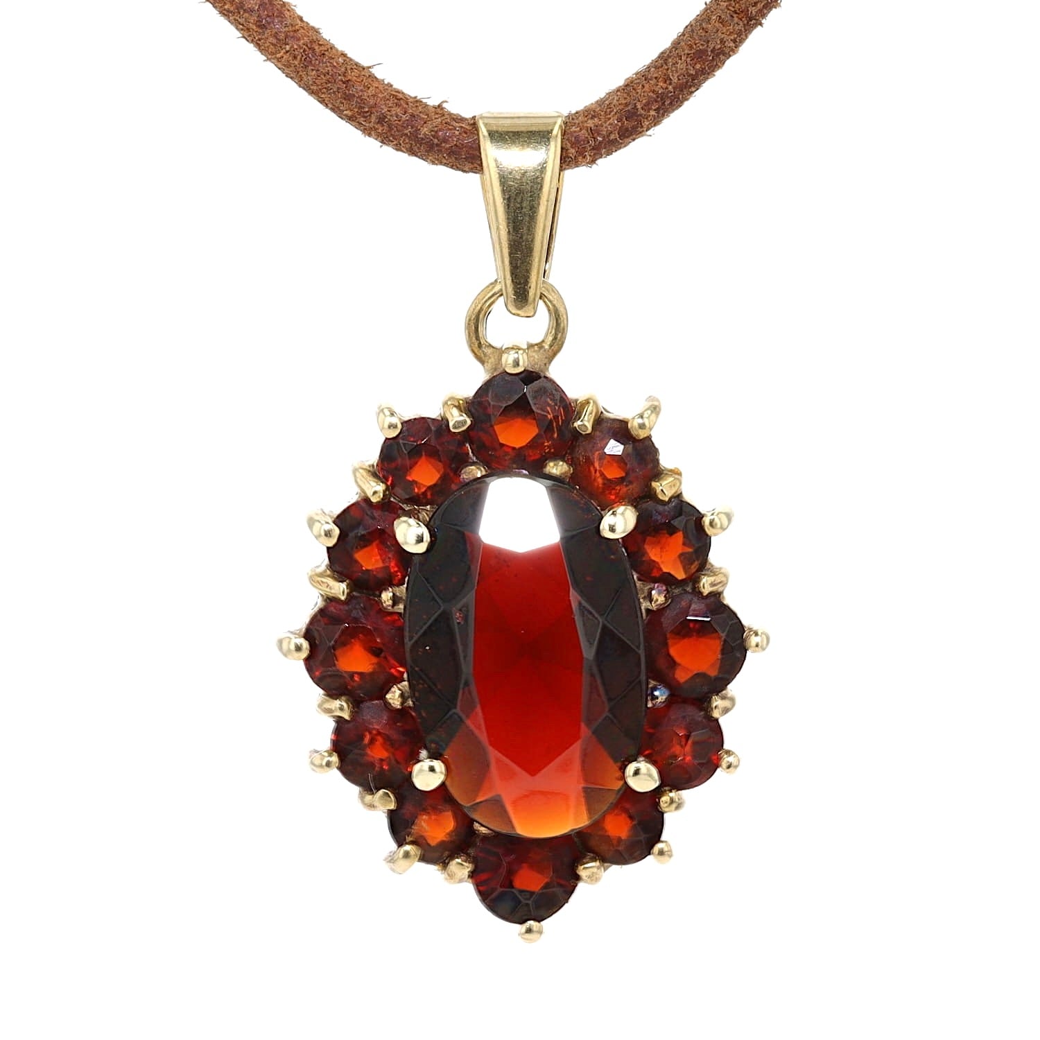 Anhänger in 333er Gelbgold mit Rhodoliten (Granate), hängend frontal