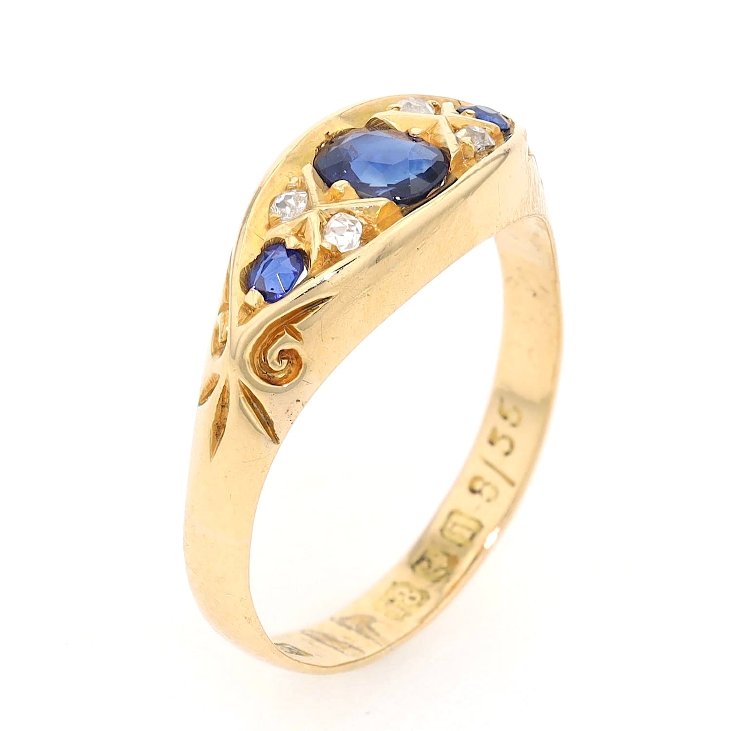 Edwardian ring in 750 yellow gold with blue sapphires and diamonds, standing