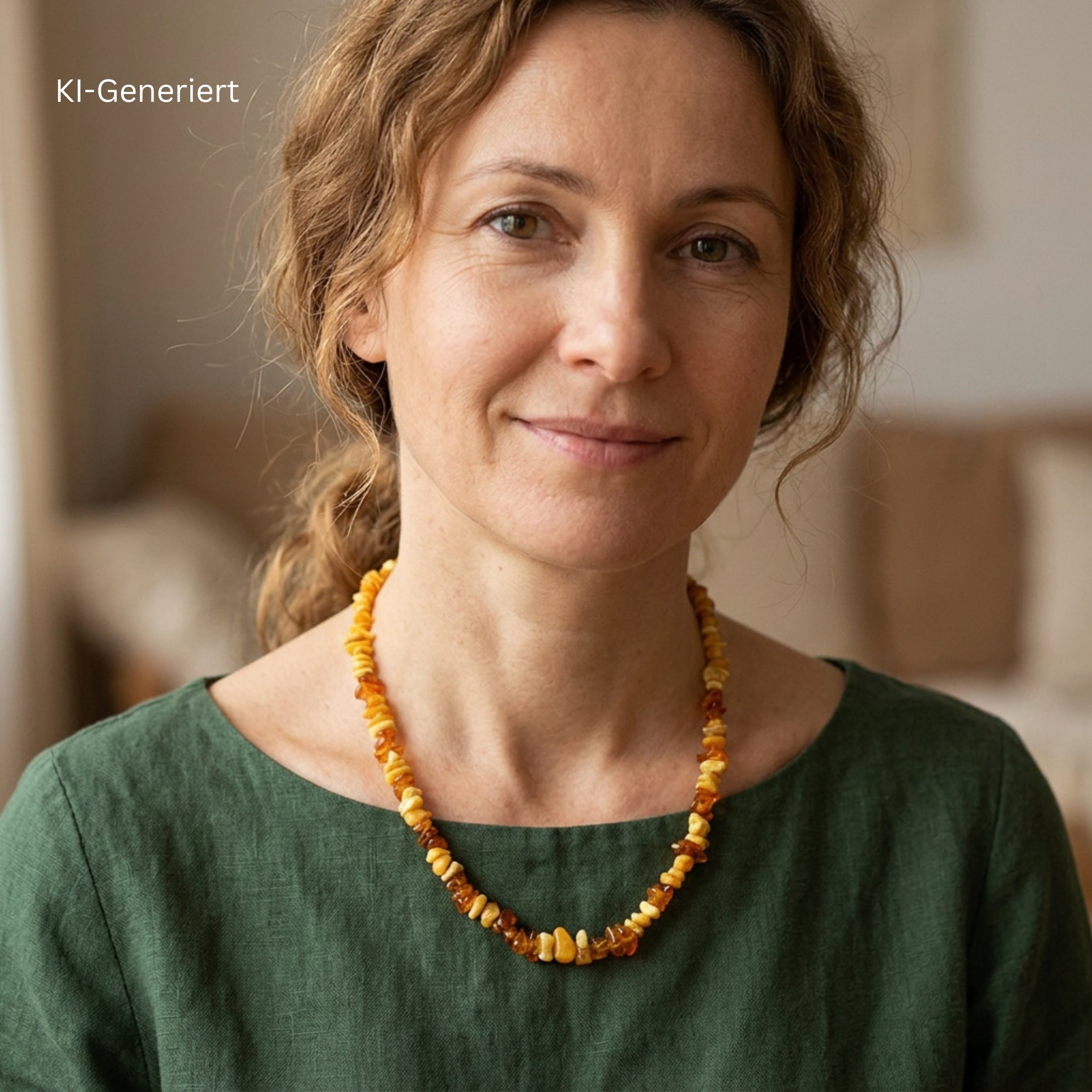 Amber necklace in progress, on an AI-generated woman