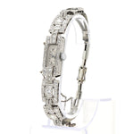 Art Deco jewelry watch Orfina with a total of approx. 2.1 ct diamonds and Brilliants, standing on an exhibitor, turned slightly to the left