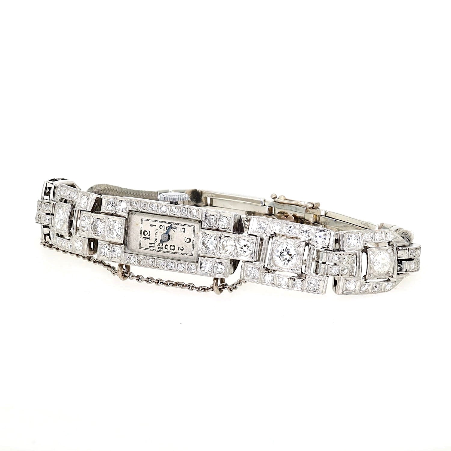 Art Deco jewelry watch Orfina with a total of approx. 2.1 ct diamonds and Brilliants, lying slightly turned to the left