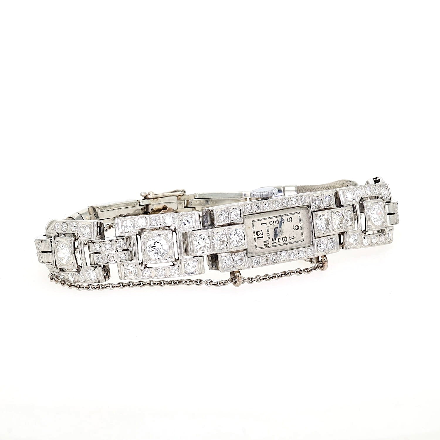 Art Deco jewelry watch Orfina with a total of approx. 2.1 ct diamonds and Brilliants, lying slightly turned to the right