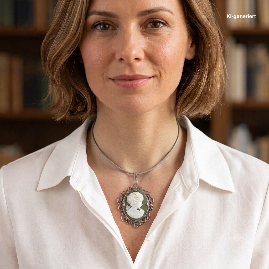 Anhänger in 925er Silber mit einer Gemme aus grüner/weißer Keramik, an einer KI-generierten Frau in weißer Bluse
