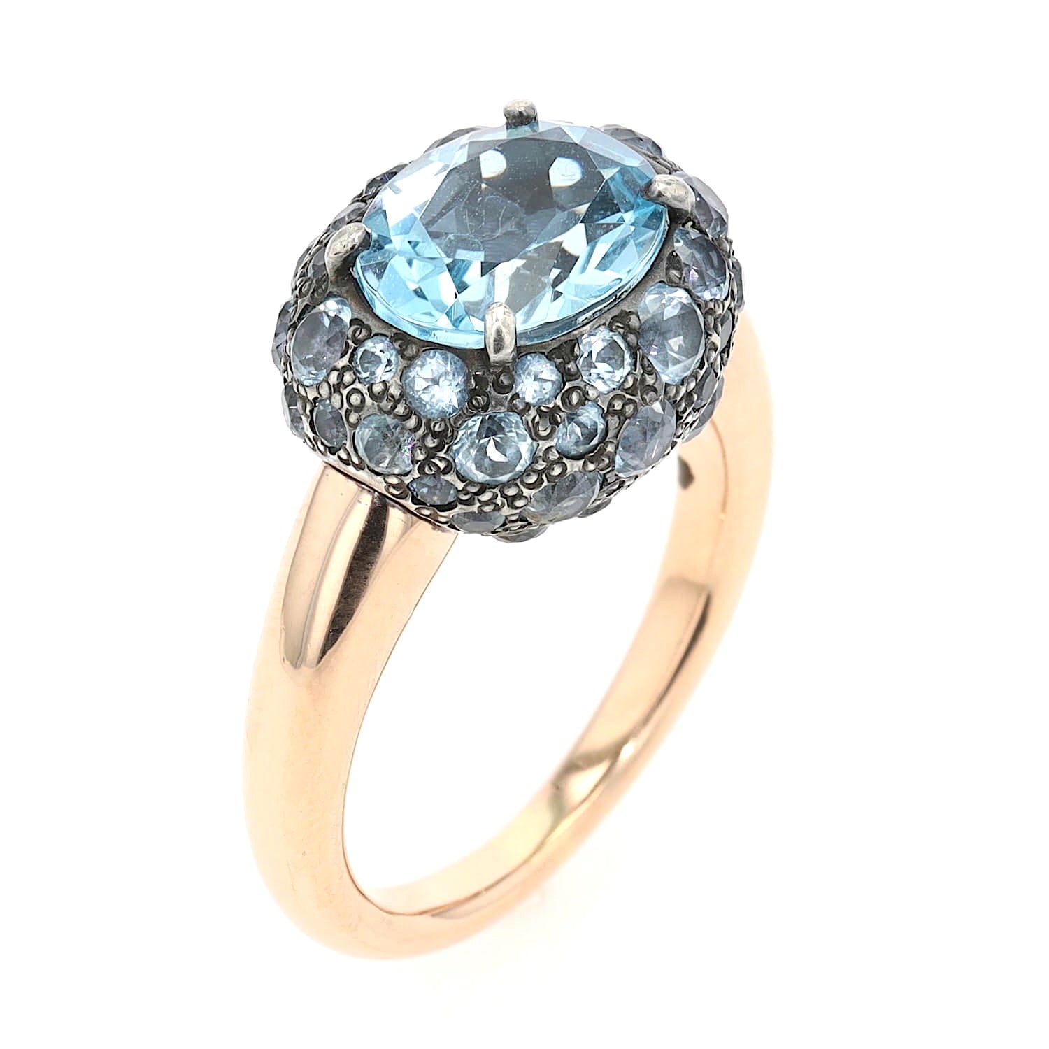 Pomellato Ring „Tabou“ in 750er Gold und 925er Silber mit blauen Topasen, stehend