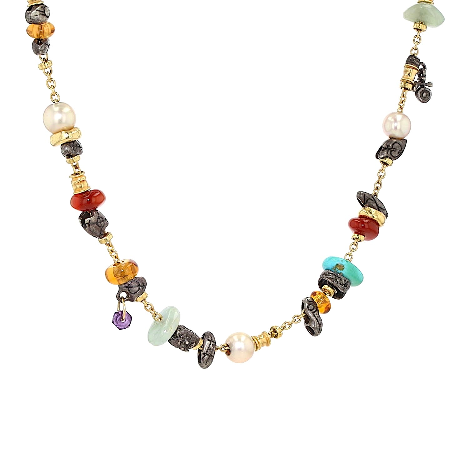 Misani Kette in 750er Gelbgold und 925er Silber mit bunten Edelsteinen und Perlen, hängend rechts gedreht