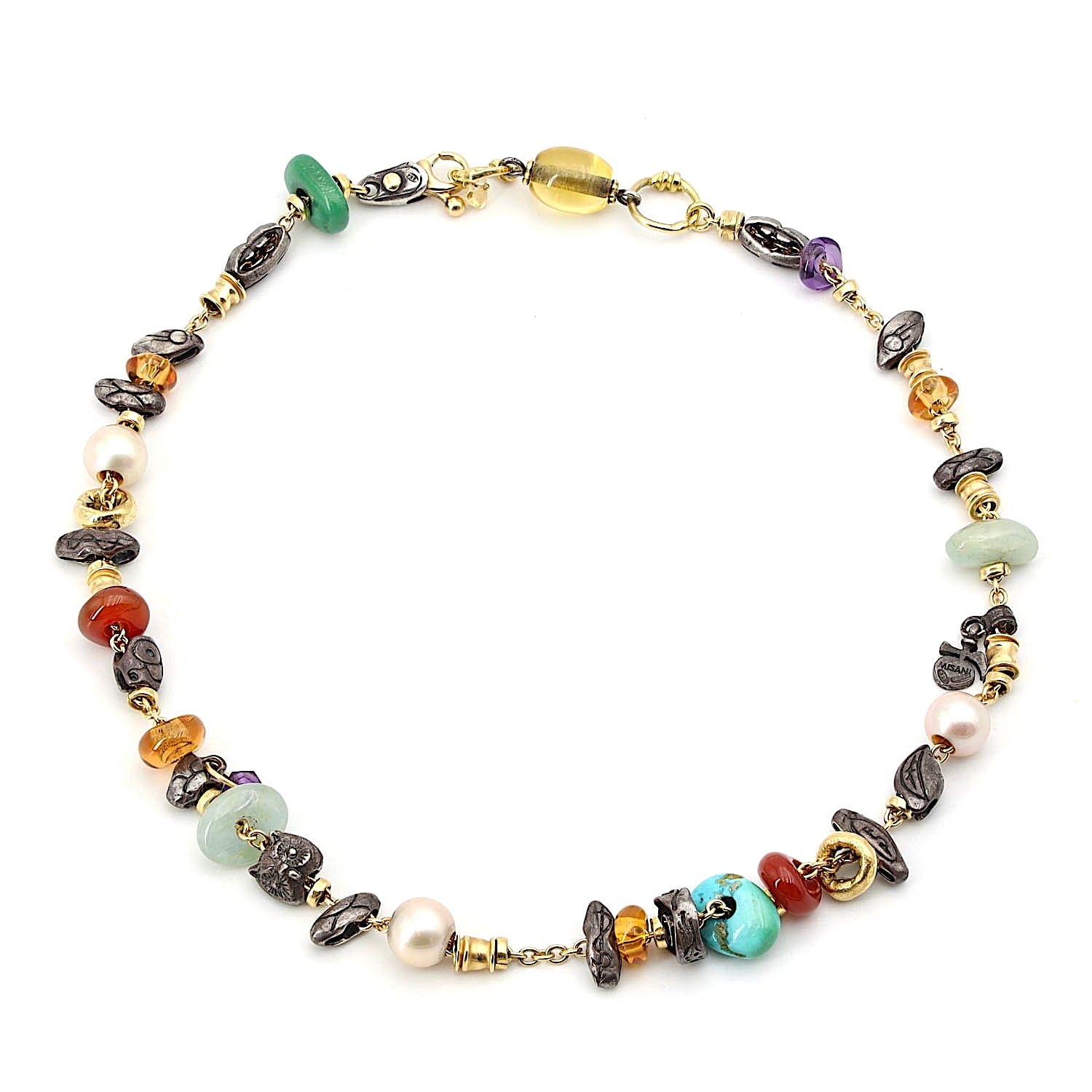 Misani Kette in 750er Gelbgold und 925er Silber mit bunten Edelsteinen und Perlen, liegend geschlossen