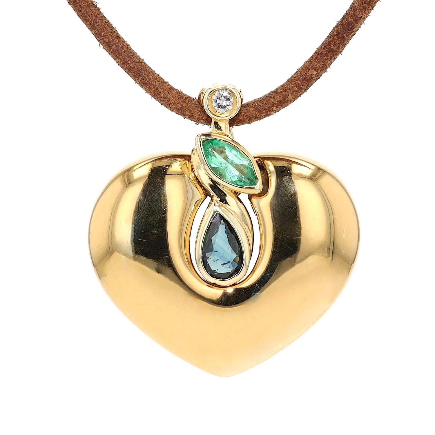 Heart pendant in 585 yellow gold with a diamond, an emerald and a blue sapphire, hanging frontally