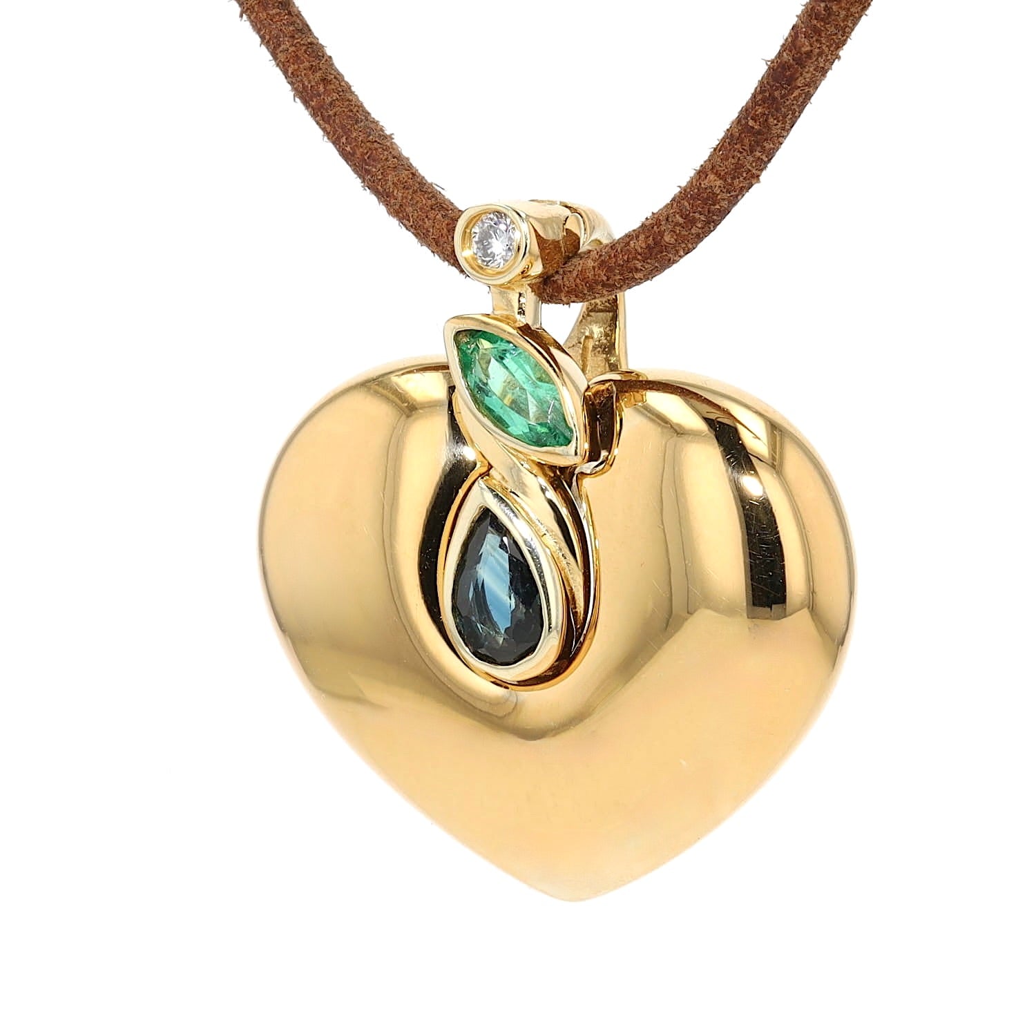 Heart pendant in 585 yellow gold with a diamond, an emerald and a blue sapphire, hanging frontally