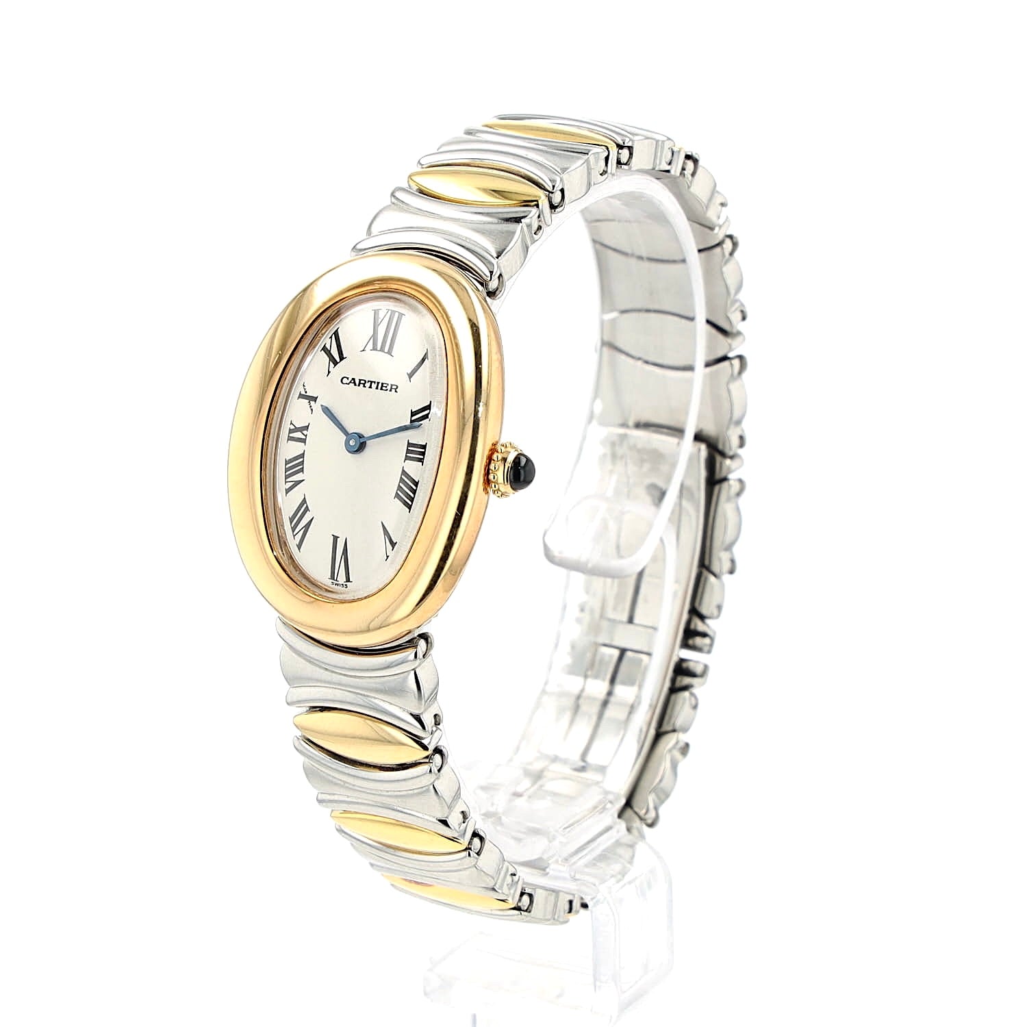 Cartier Baignoire Quartz ladies' wristwatch in 750 yellow gold and steel, full set, standing front slightly turned to the left