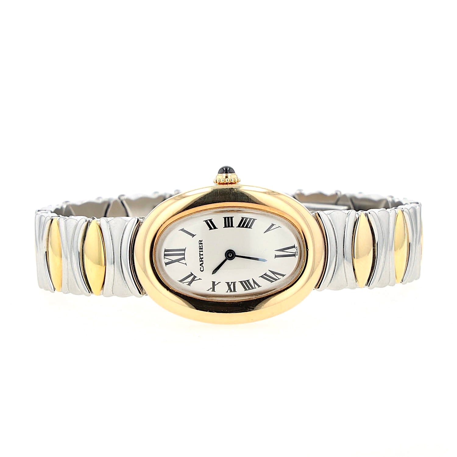 Cartier Baignoire Quartz-Damenarmbanduhr in 750er Gelbgold und Stahl, Full Set, liegend frontal