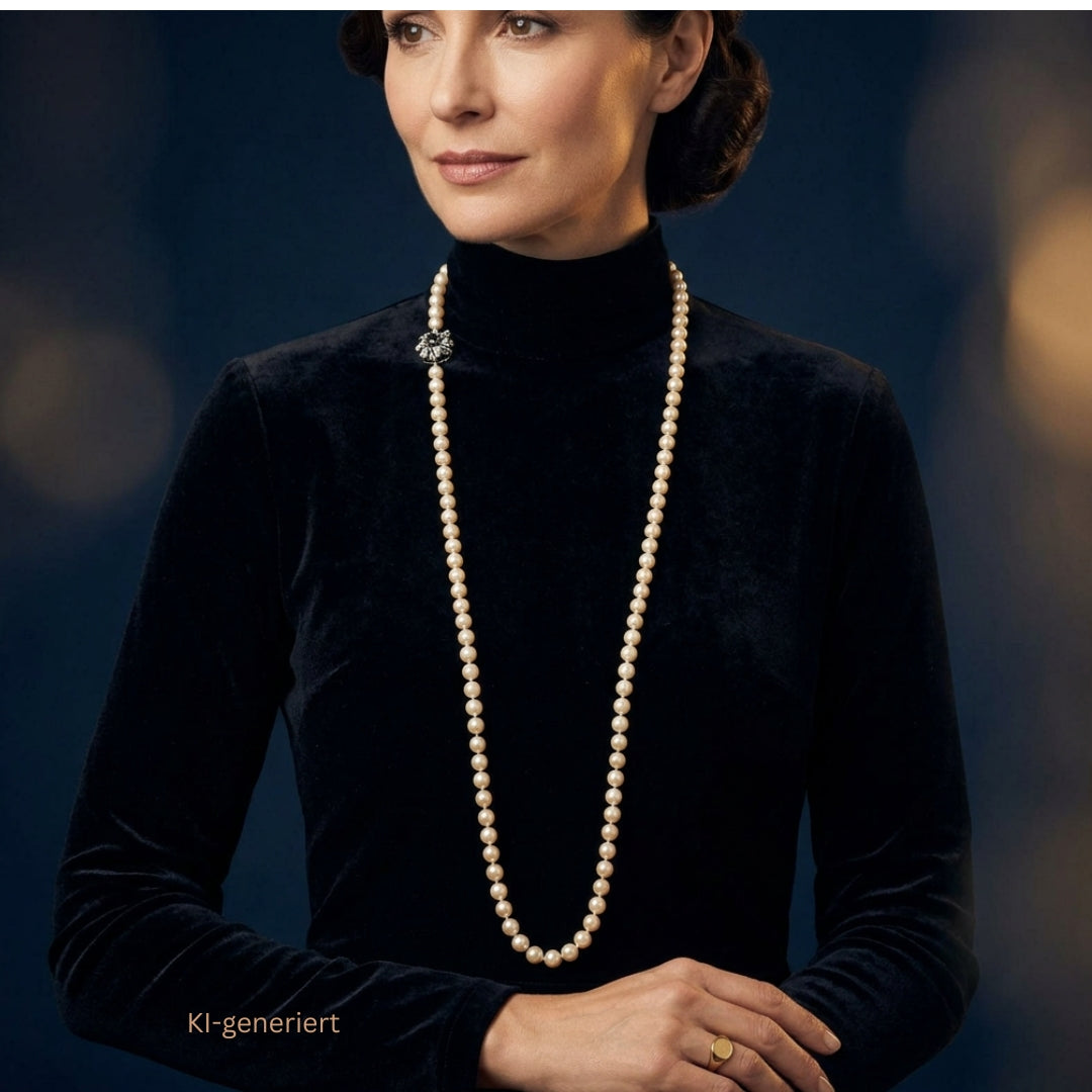 Lange Akoya-Zuchtperlenkette mit einem Schloss aus 585er Weißgold mit Brillanten und einem Saphir, an einer KI-generierten Frau im schwarzen hochgeschlossenen Kleid lang