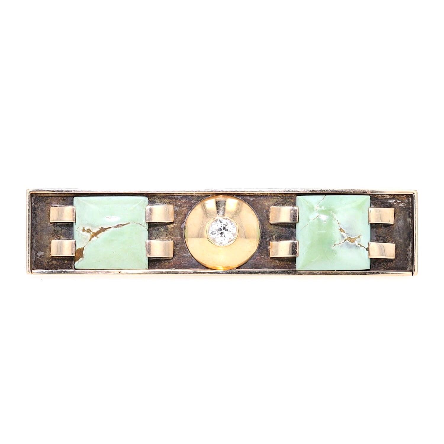 Art Deco Brosche in 900er Silber und 585er Gelbgold mit einem Diamanten und Türkisen, stehend seitlich frontal