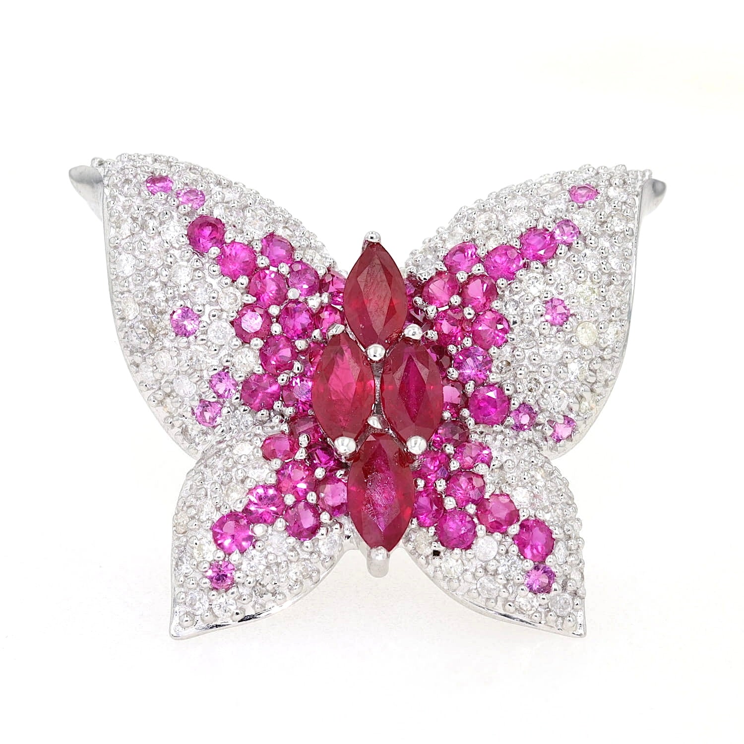 Schmetterling Brosche in 750er Weißgold mit Brillanten und Rubinen, stehend frontal