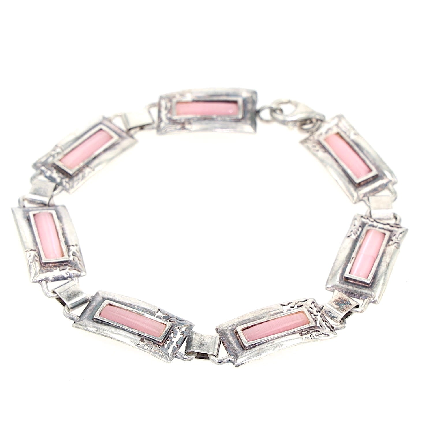 Armband in 925er Silber mit rosafarbenen Glassteinen, geschlossen Draufsicht leicht rechts gedreht