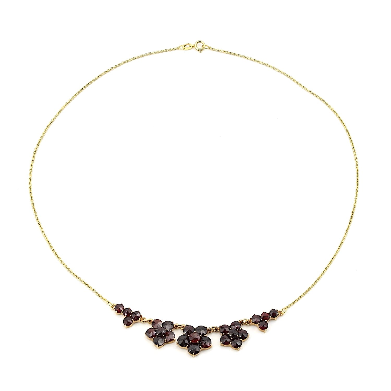 Collier in 333er Gelbgold mit Granaten, liegend geschlossen Draufsicht