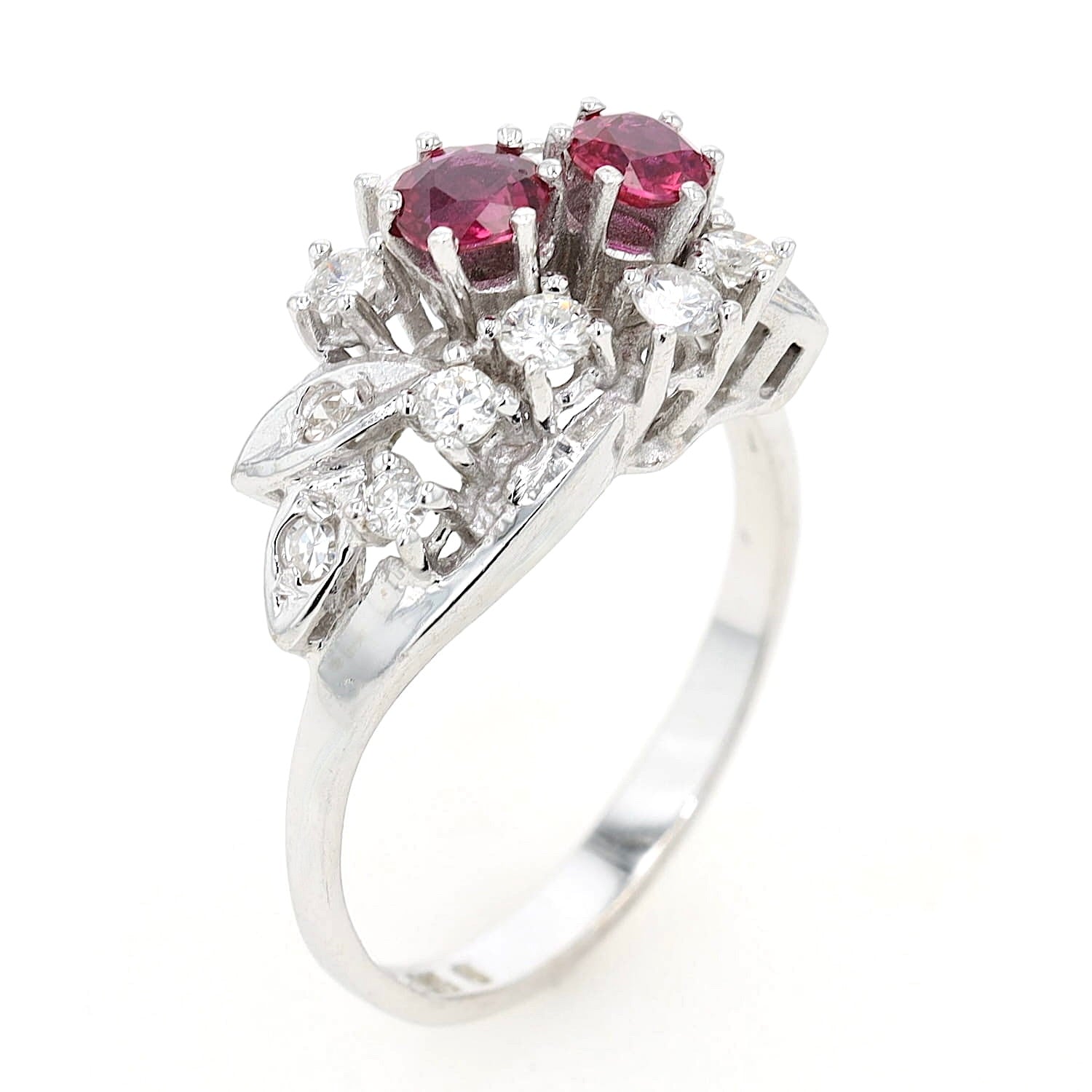 Cluster ring around 1970 in 585 white gold with rubies and diamonds, standing