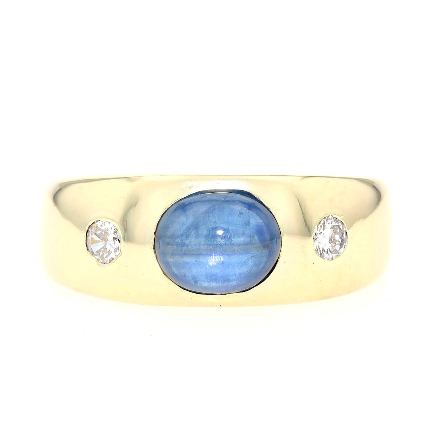 Bandring in 585er Gelbgold mit einem blauen Saphir-Cabochon und Brillanten, liegend frontal