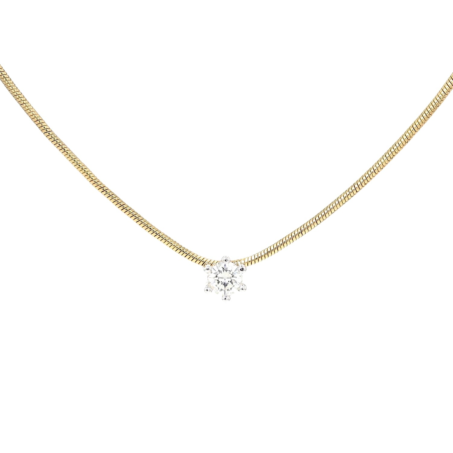 Schlangenkette mit einem Brillantanhänger in 750er Gelb- und Weißgold, hängend frontal