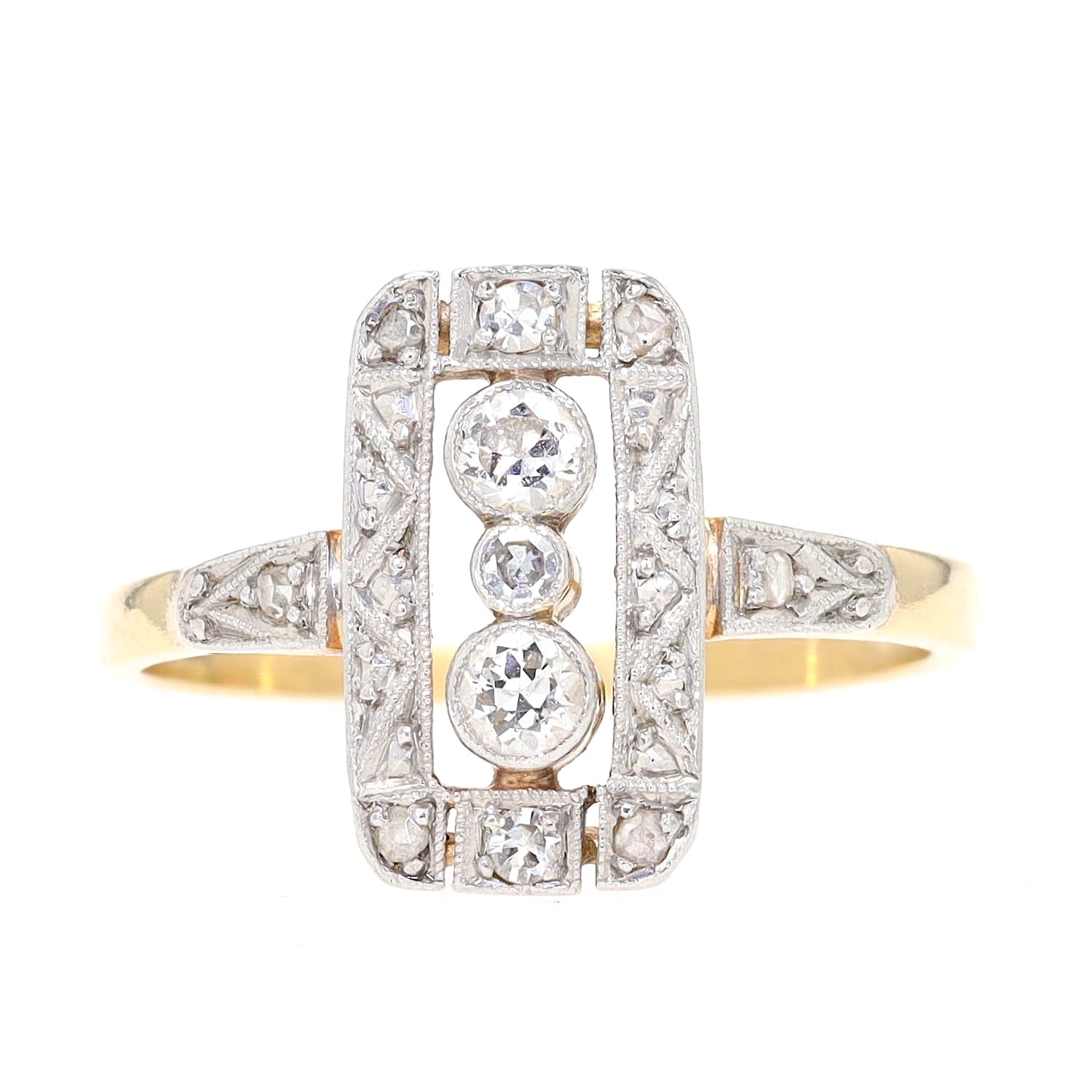 Art Déco Ring in 585er Gelbgold, Schauseite platiniert mit Diamanten, liegend frontal