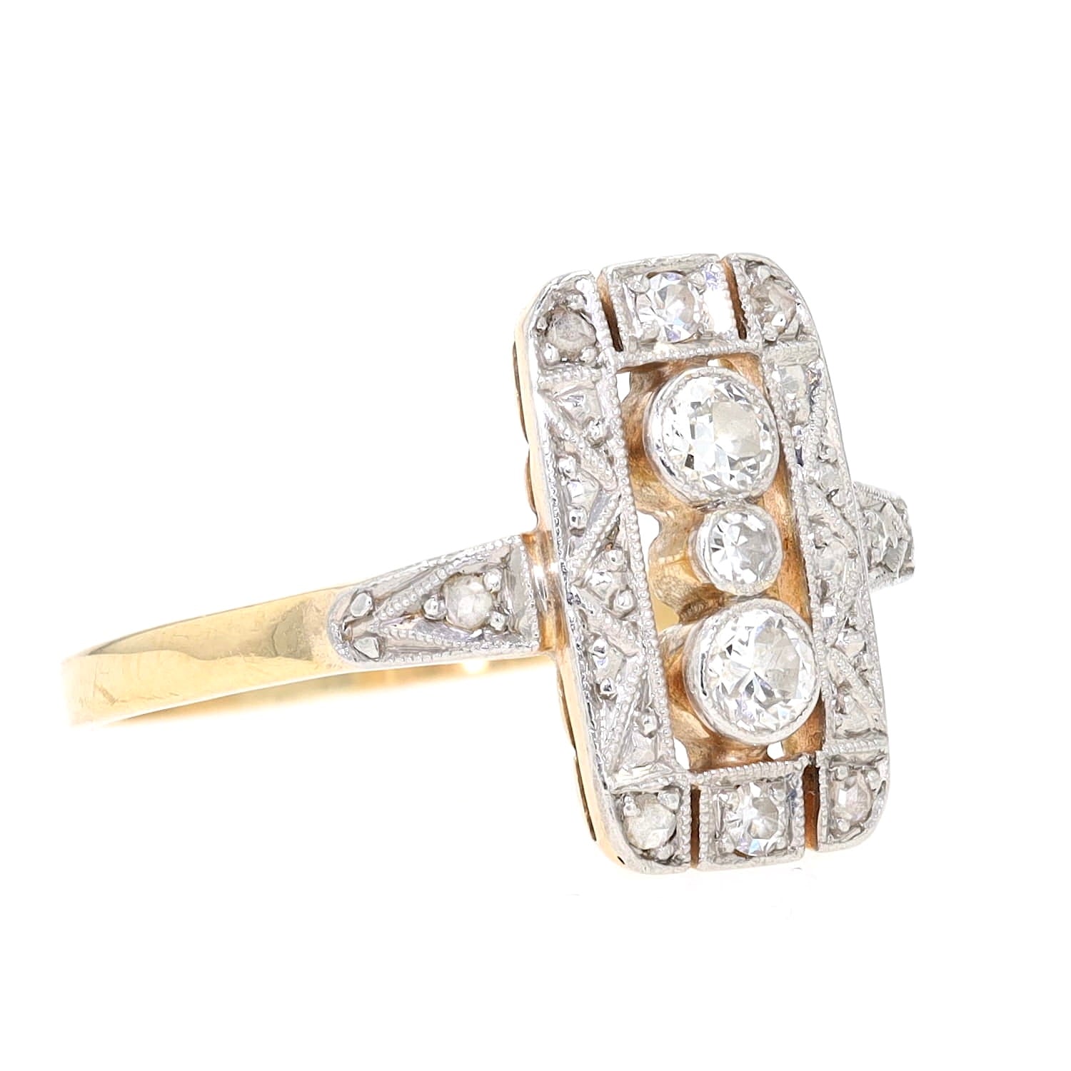 Art Déco Ring in 585er Gelbgold, Schauseite platiniert mit Diamanten, liegend rechts gedreht