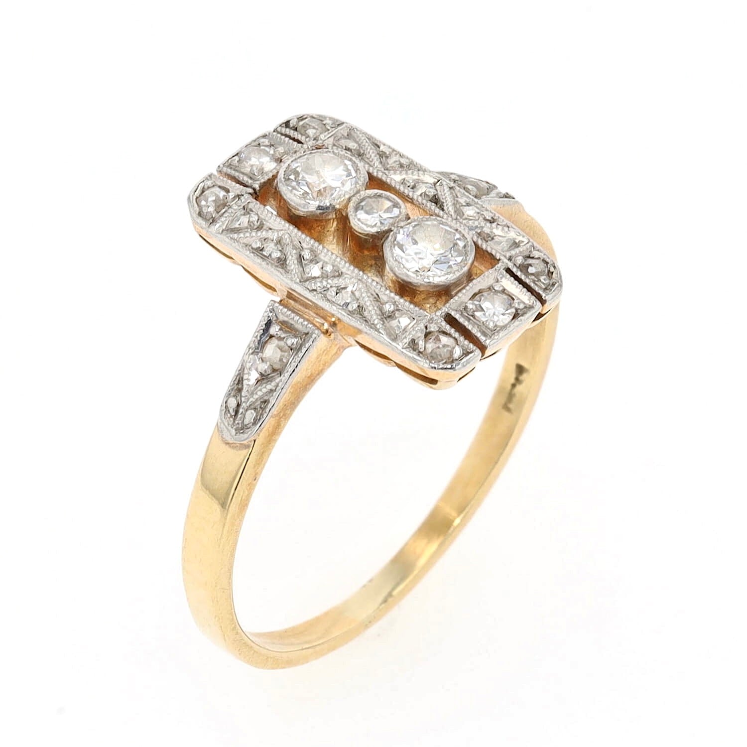 Art Déco Ring in 585er Gelbgold, Schauseite platiniert mit Diamanten, stehend
