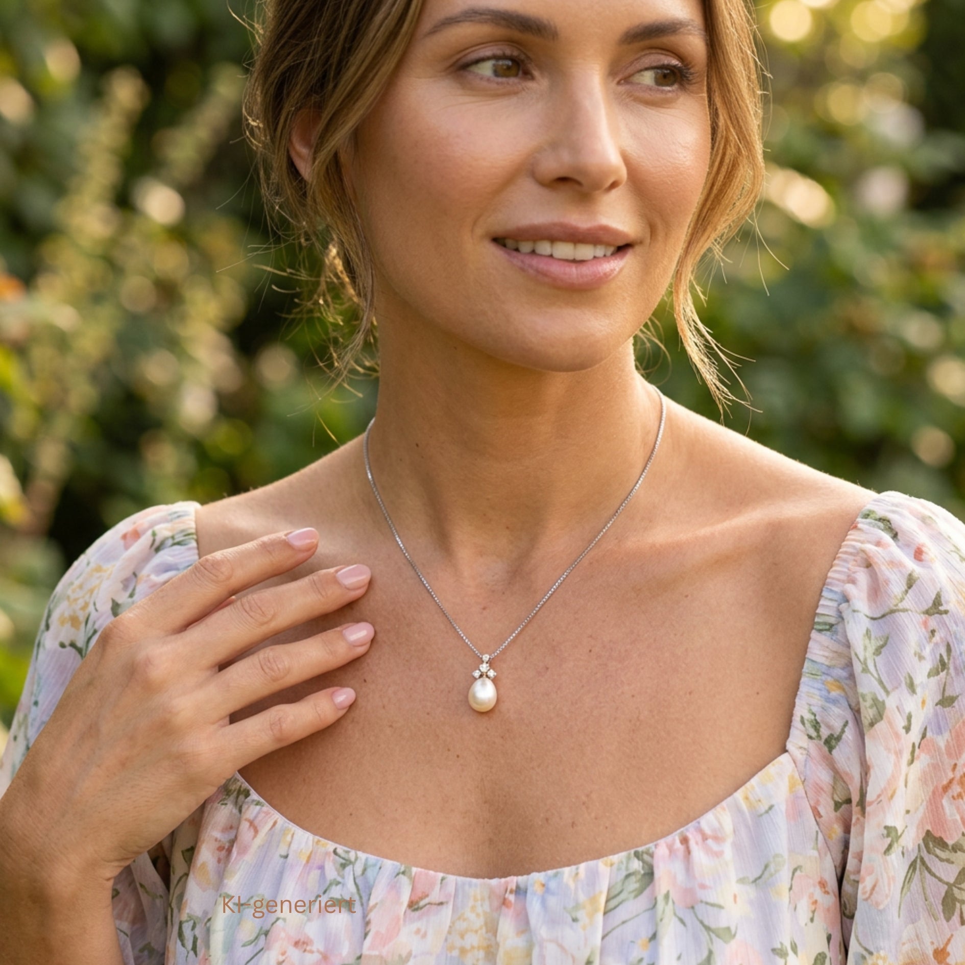 Chain with a pendant made of 585 white gold, one cultured pearl and diamonds