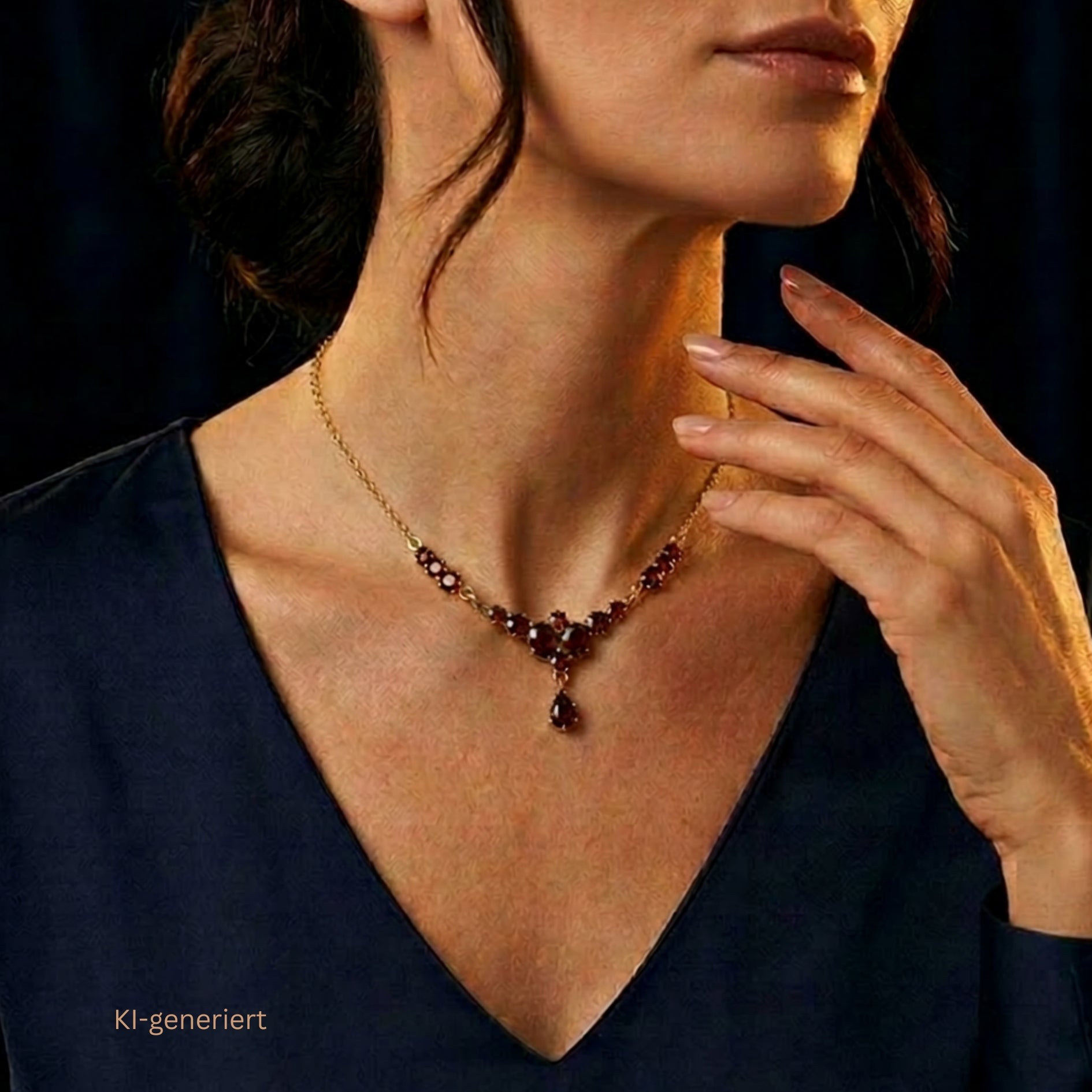 Granatcollier in 333er Gelbgold , an einer KI-generierten Frau mit dunklem Kleid