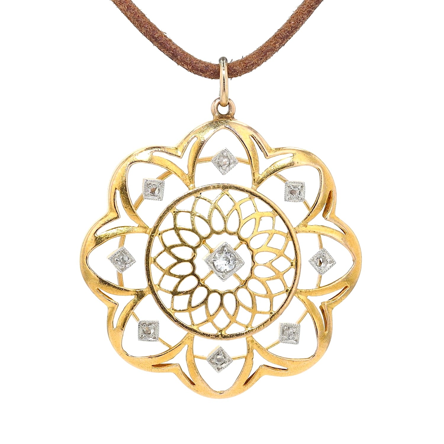 Art Nouveau pendant made of 750 yellow gold with diamonds in a floral design, hanging from the front