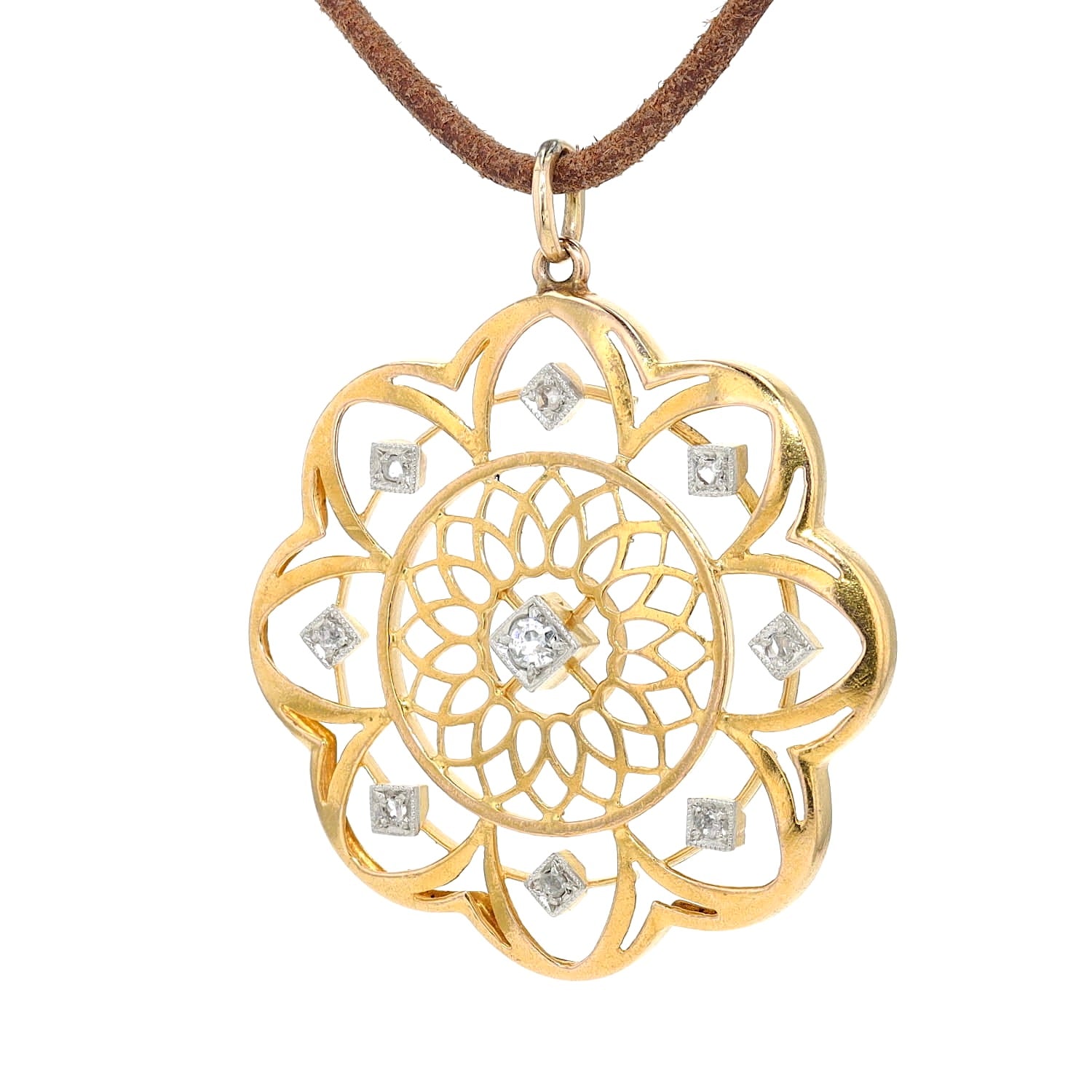 Art Nouveau pendant made of 750 yellow gold with diamonds in a floral design, hanging turned left