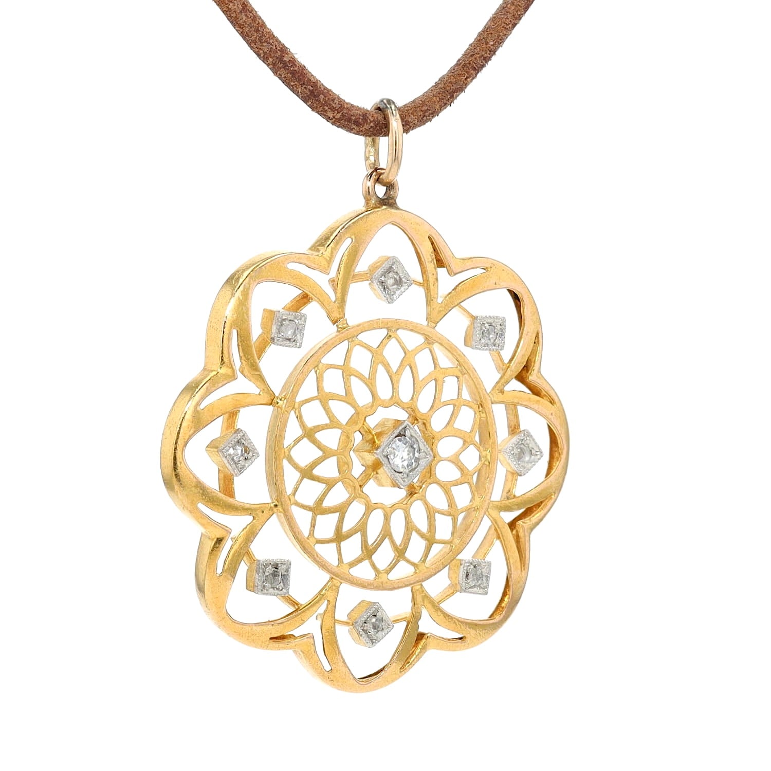 Art Nouveau pendant made of 750 yellow gold with diamonds in a floral design, hanging turned to the right