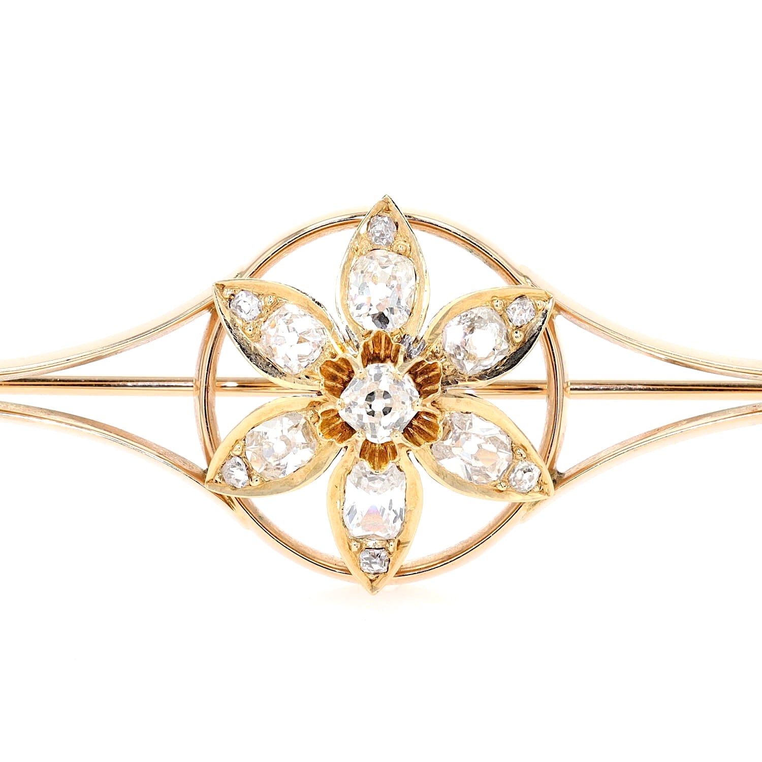 Belle Époque brooch in 585 red gold with a total of approx. 1.77 ct diamonds, lying frontal close-up center piece