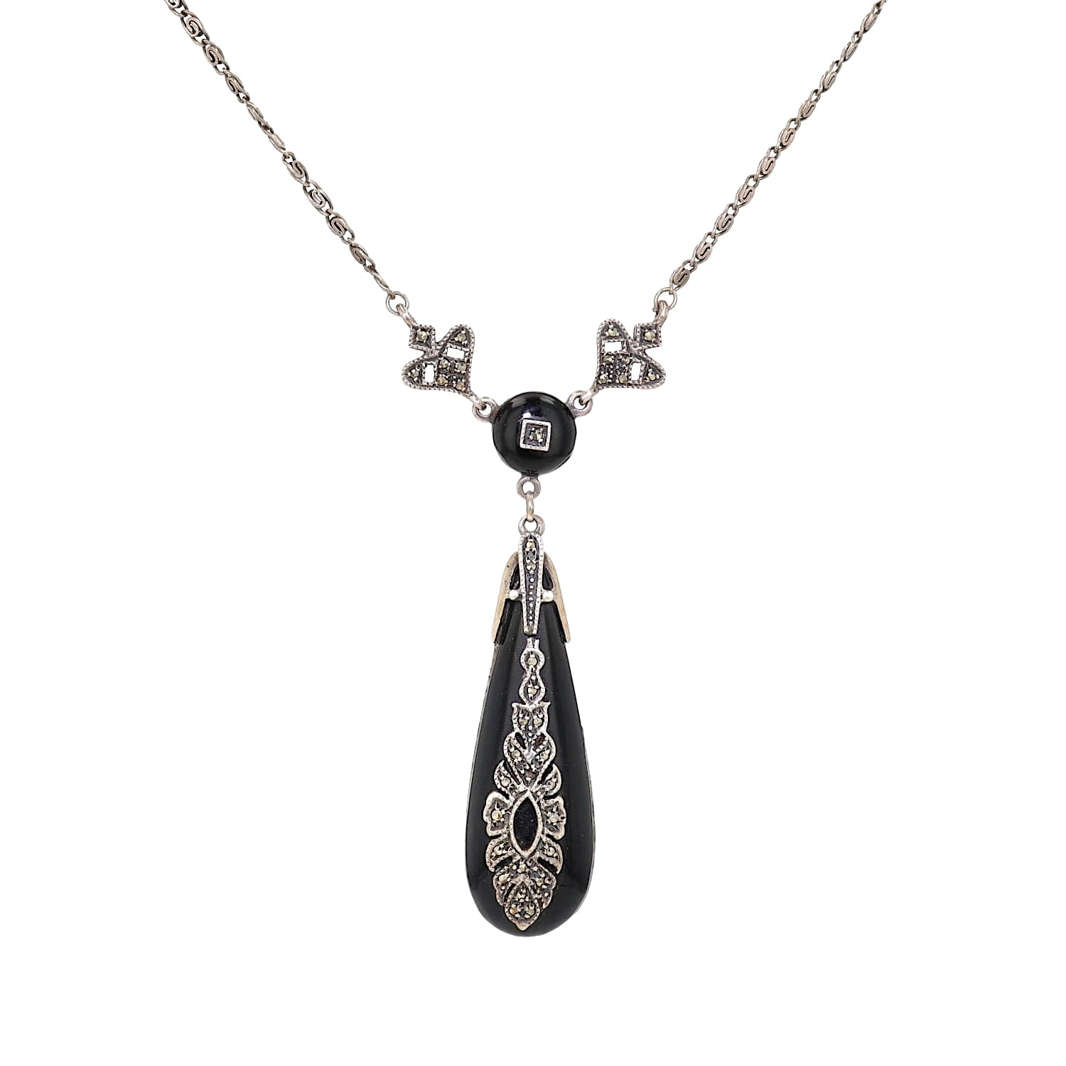 Art Deco necklace in 925 silver with onyx and marcasites, hanging frontally