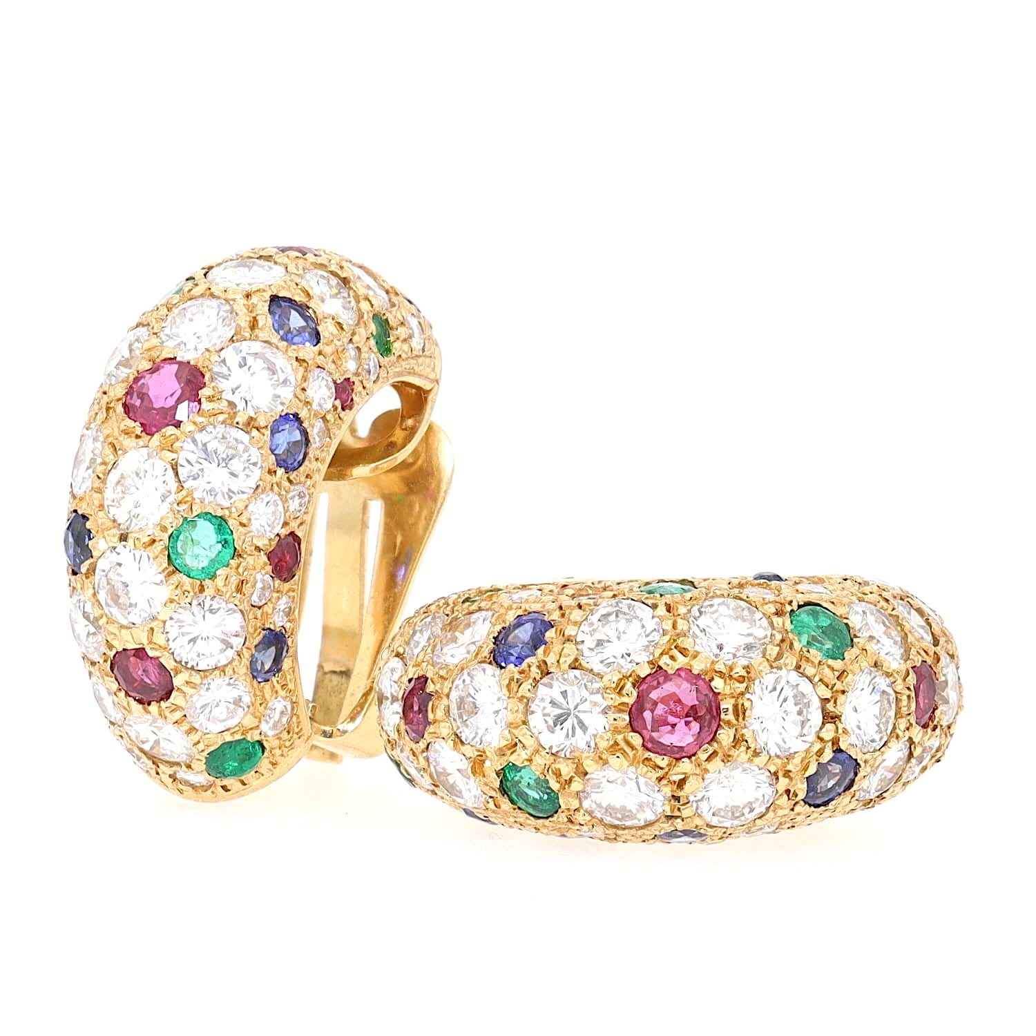 Exclusives Paar Ohrclips in 750er Gelbgold mit 5,3 ct Brillanten, Saphiren, Smaragden und Rubinen, einer stehend einer liegend leicht links gedreht