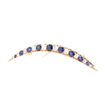 Viktorianische Halbmond-Brosche mit blauen Saphiren und Diamanten, stehend inks gedreht
