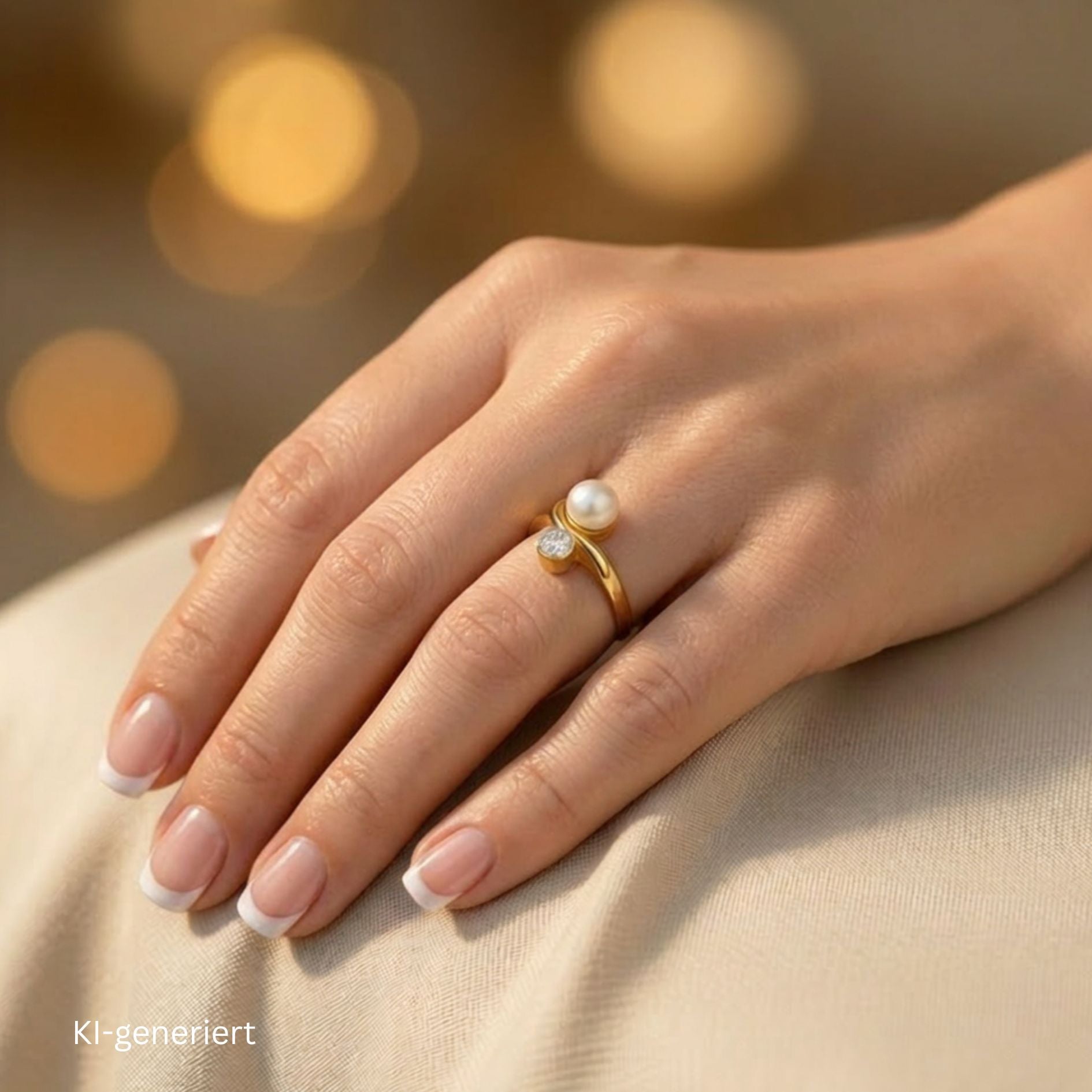 Ring in 585er Gelbgold mit einem Diamanten im Altschliff und einer Zuchtperle, an einer KI-generierten Hand
