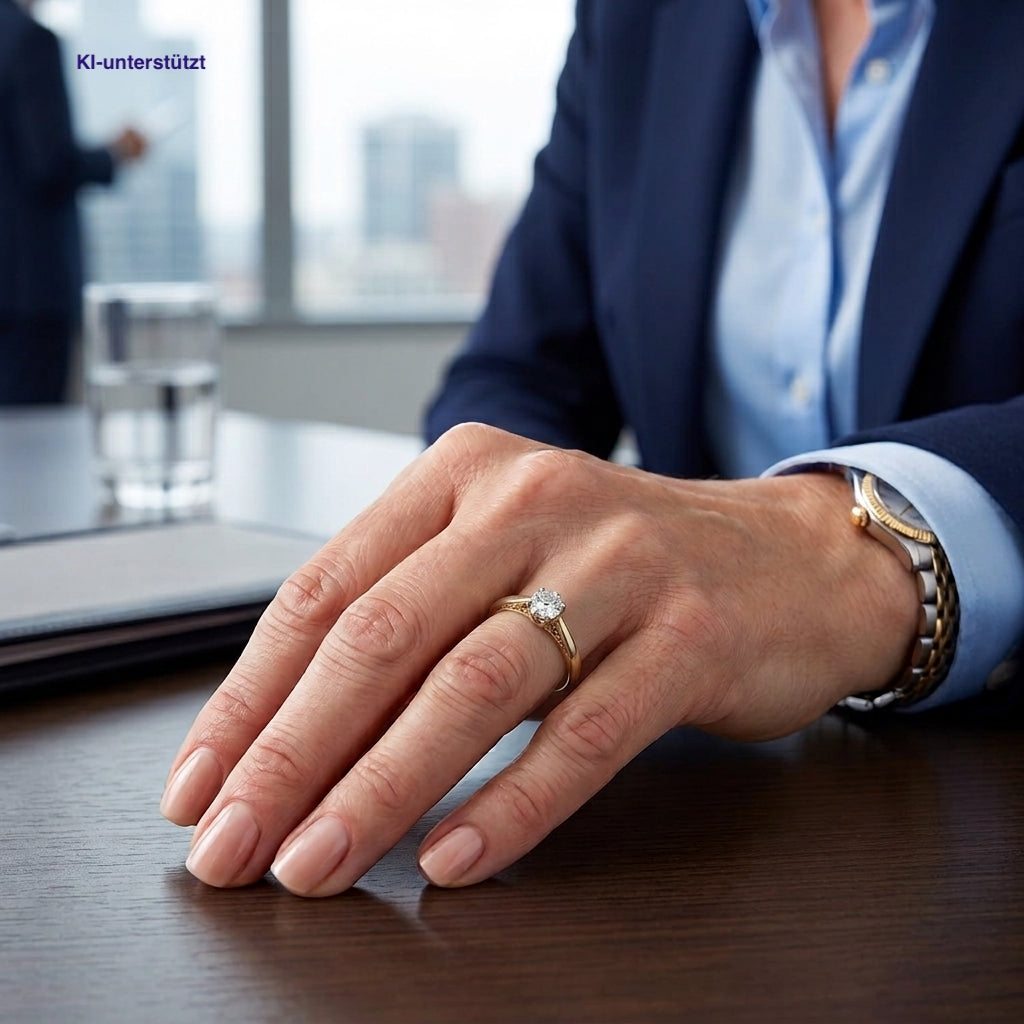 Solitaire ring in 585 yellow gold with a brilliant approx. 0.60 ct, on an AI-generated woman in a suit