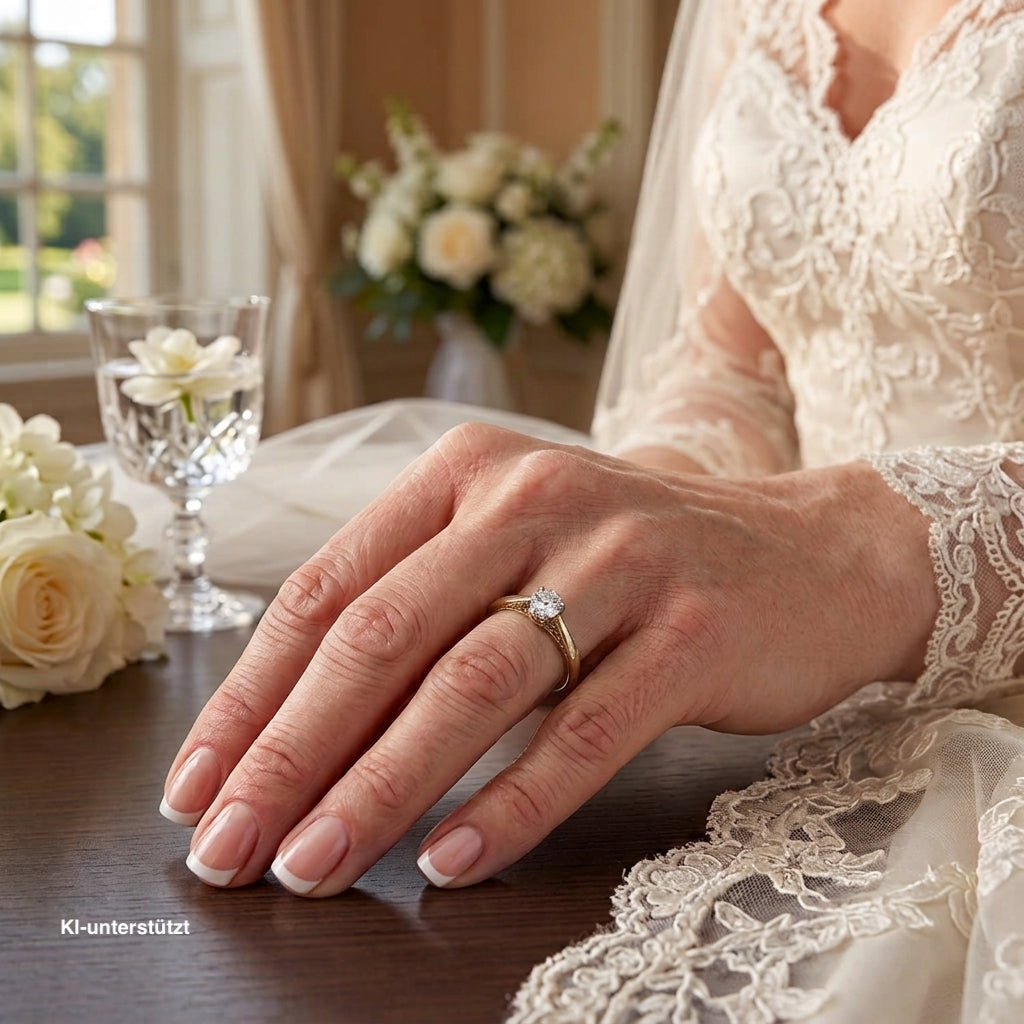 Solitaire ring in 585 yellow gold with a brilliant approx. 0.60 ct, on an AI-generated woman in a wedding dress