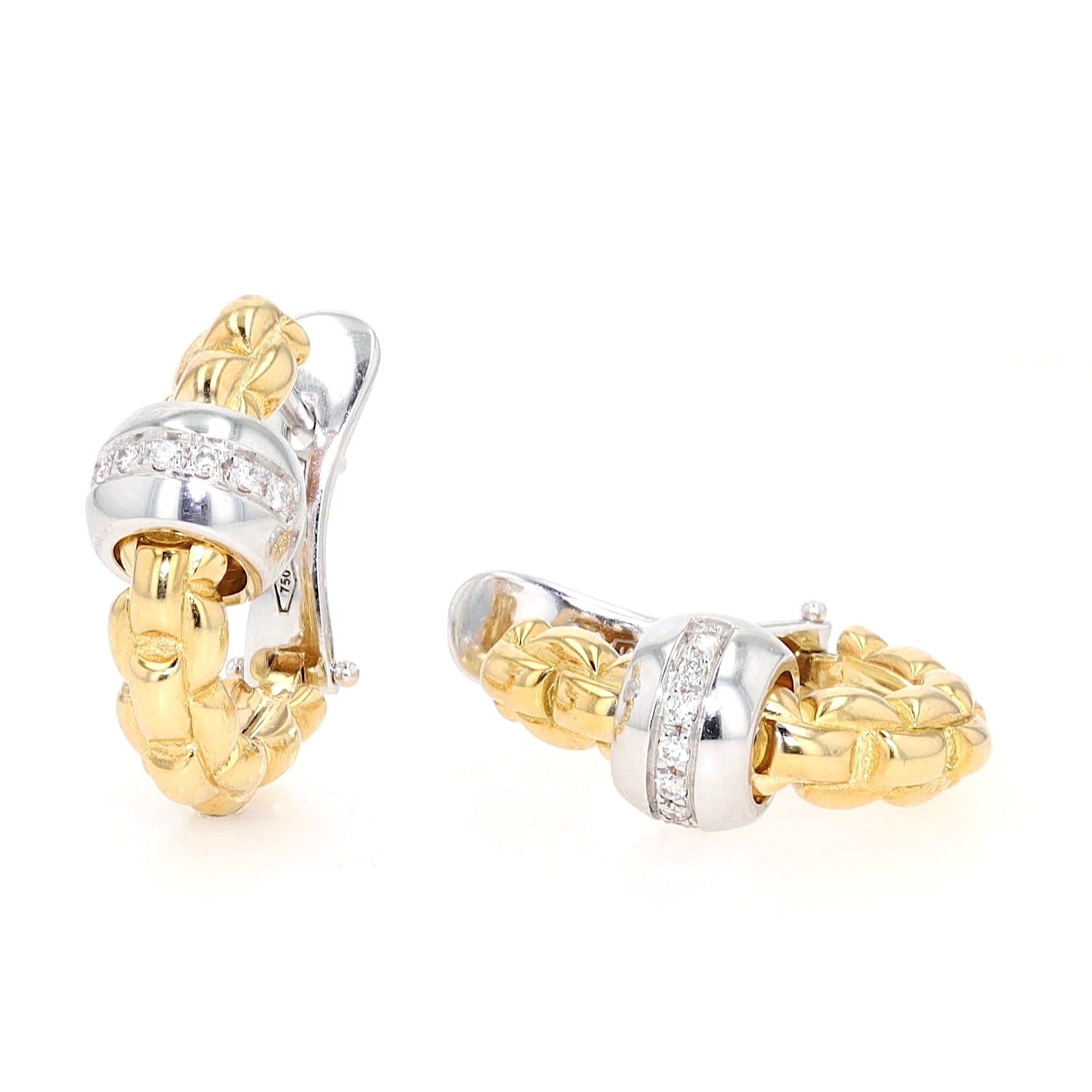 Fope Eka Flex`it Kreolen in 750er Gelbgold mit einer Ronde in Weißgold mit Brillanten,  einer liegend einer stehen  frontal