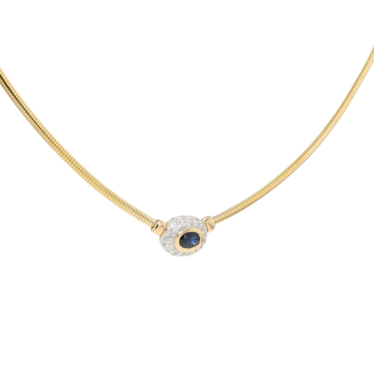 Omega-Reif in 585er Gelbgold mit einem blauen Saphir und Brillanten, hängend leicht rechts gedreht