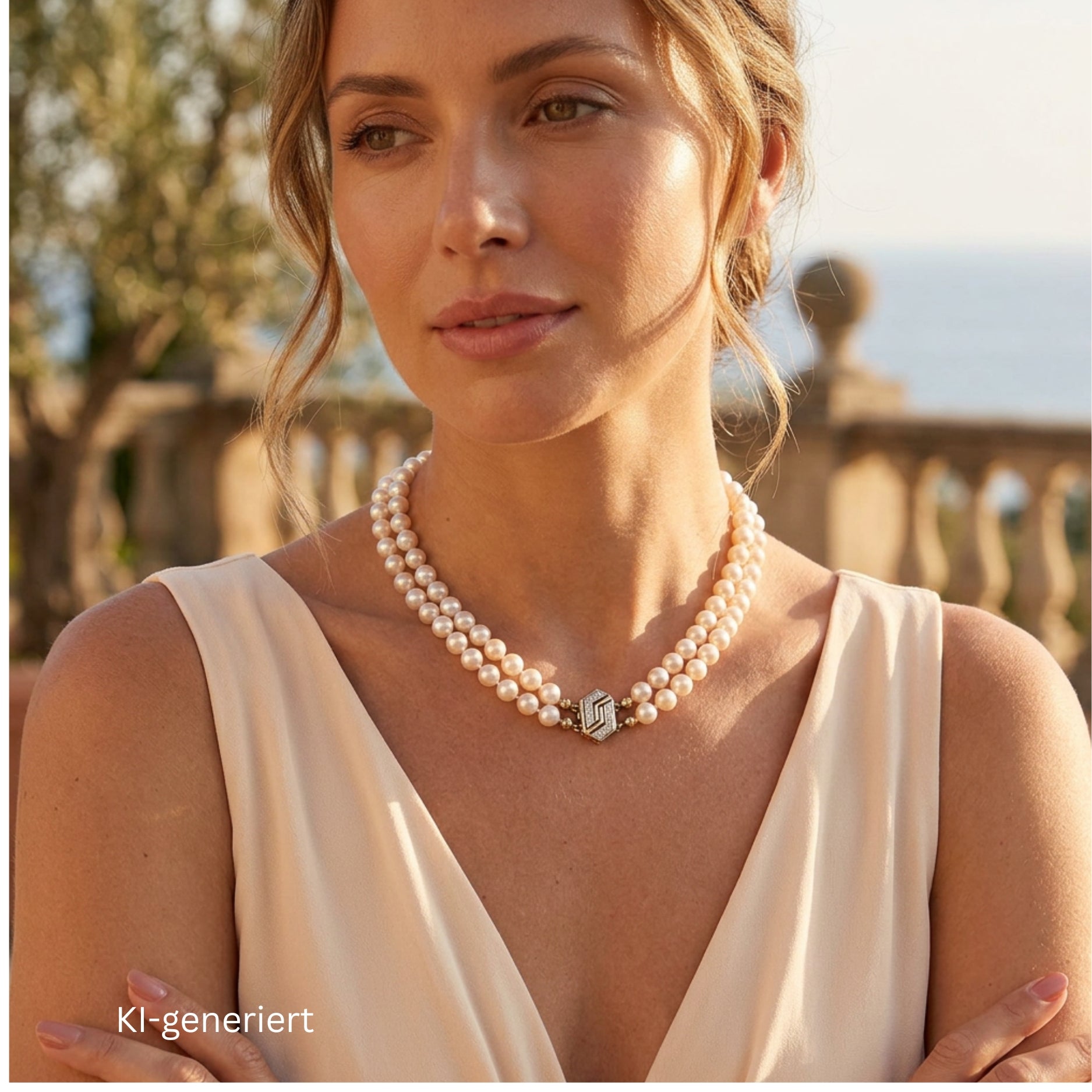 Zuchtperlenkette in zwei Reihen mit einem Schloss von Peter Fischer aus 585er Gelbgold mit Diamanten, an einer KI-generierten Frau Schloss vorne im Sommerkleid