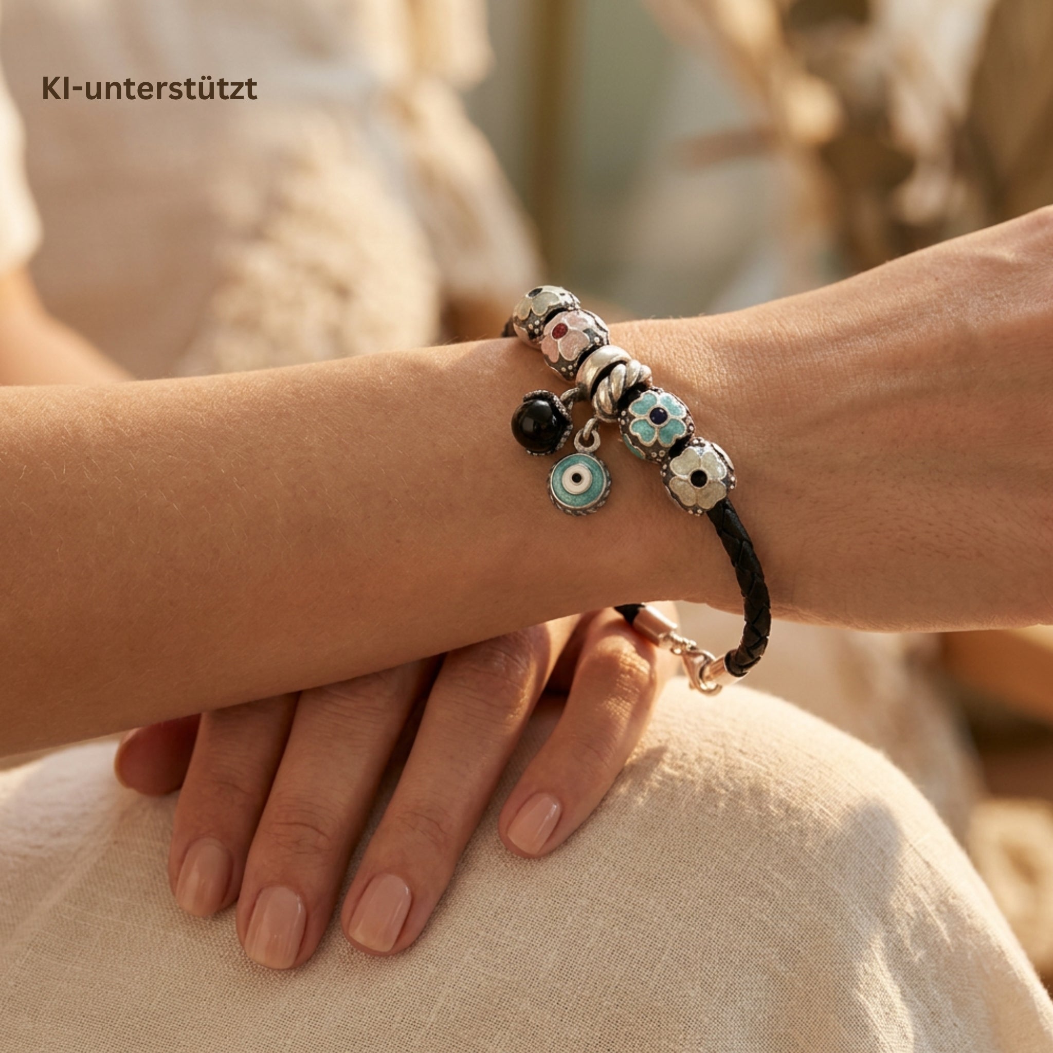 Bracelet in 925 silver with 6 charms from Pandora, on the wrist of an AI-generated woman