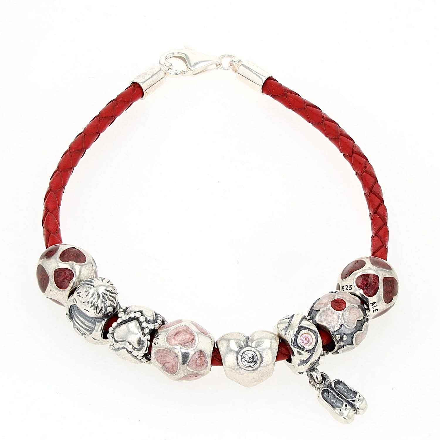 Red leather bracelet with 8 charms from Pandora, hanging