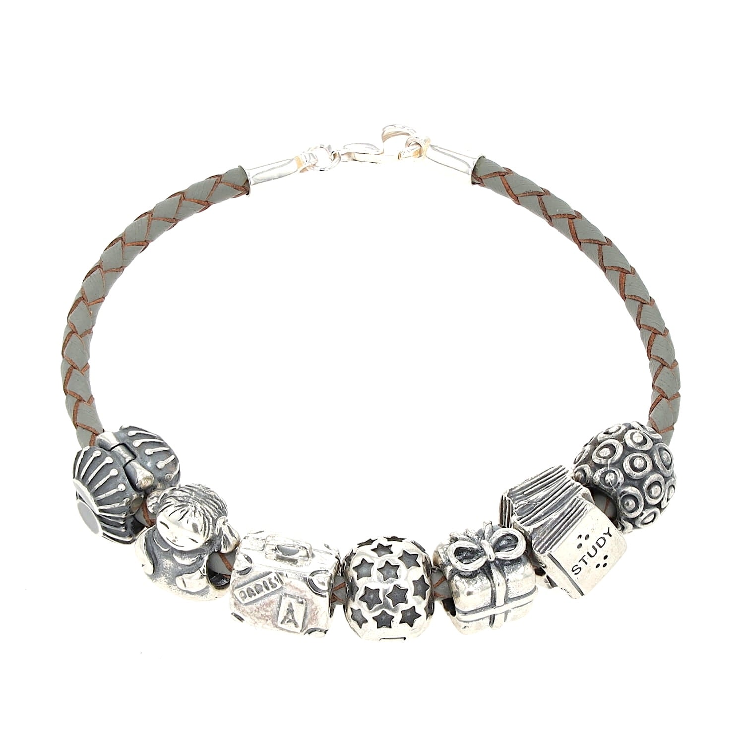 Gray leather bracelet with 7 charms including 6 Pandora beads, lying top view