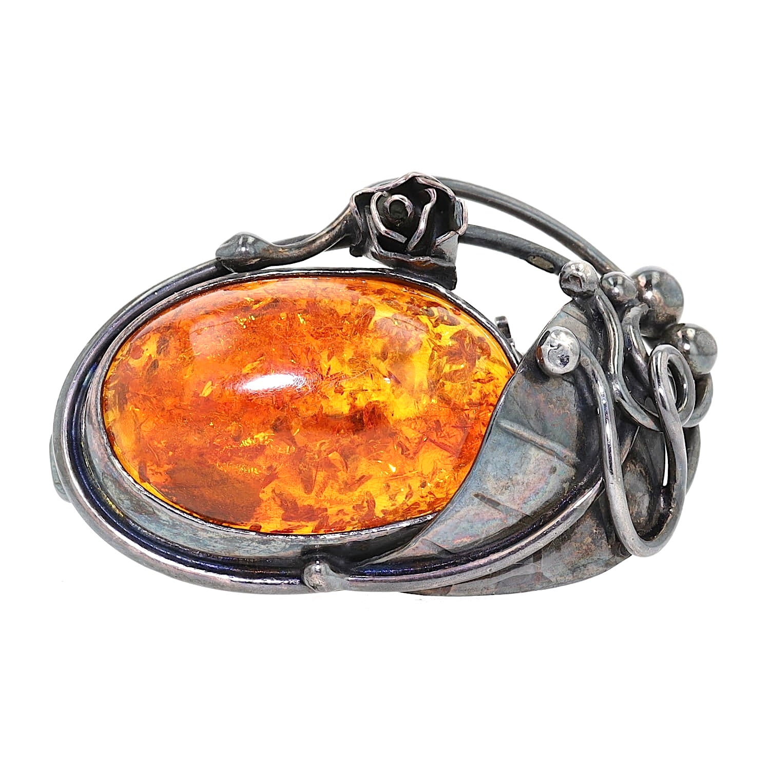 Brosche in 925er Silber mit einem Bernstein, , liegend frontal