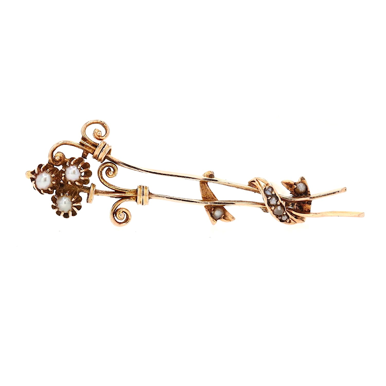Jugendstil Brosche in 585er Rotgold mit kleinen grauen Saatperlenhälften, liegend frontal